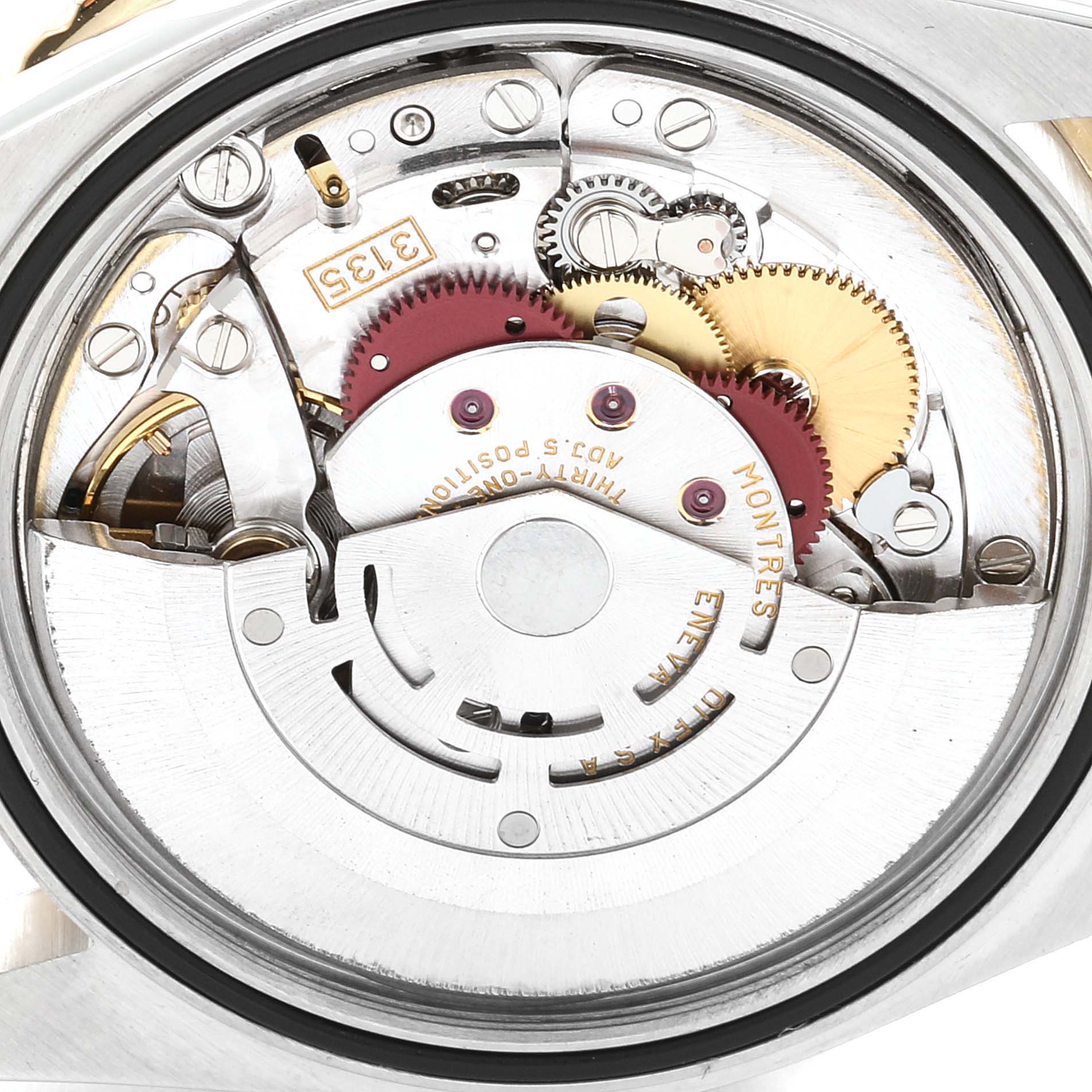 This image shows a close-up view of the movement and inner workings of the Rolex Turn-o-Graph 16263 Men's Steel and Gold (two tone) Grey Dial 16263 Men's Steel and Gold (two tone) Grey Dial watch.