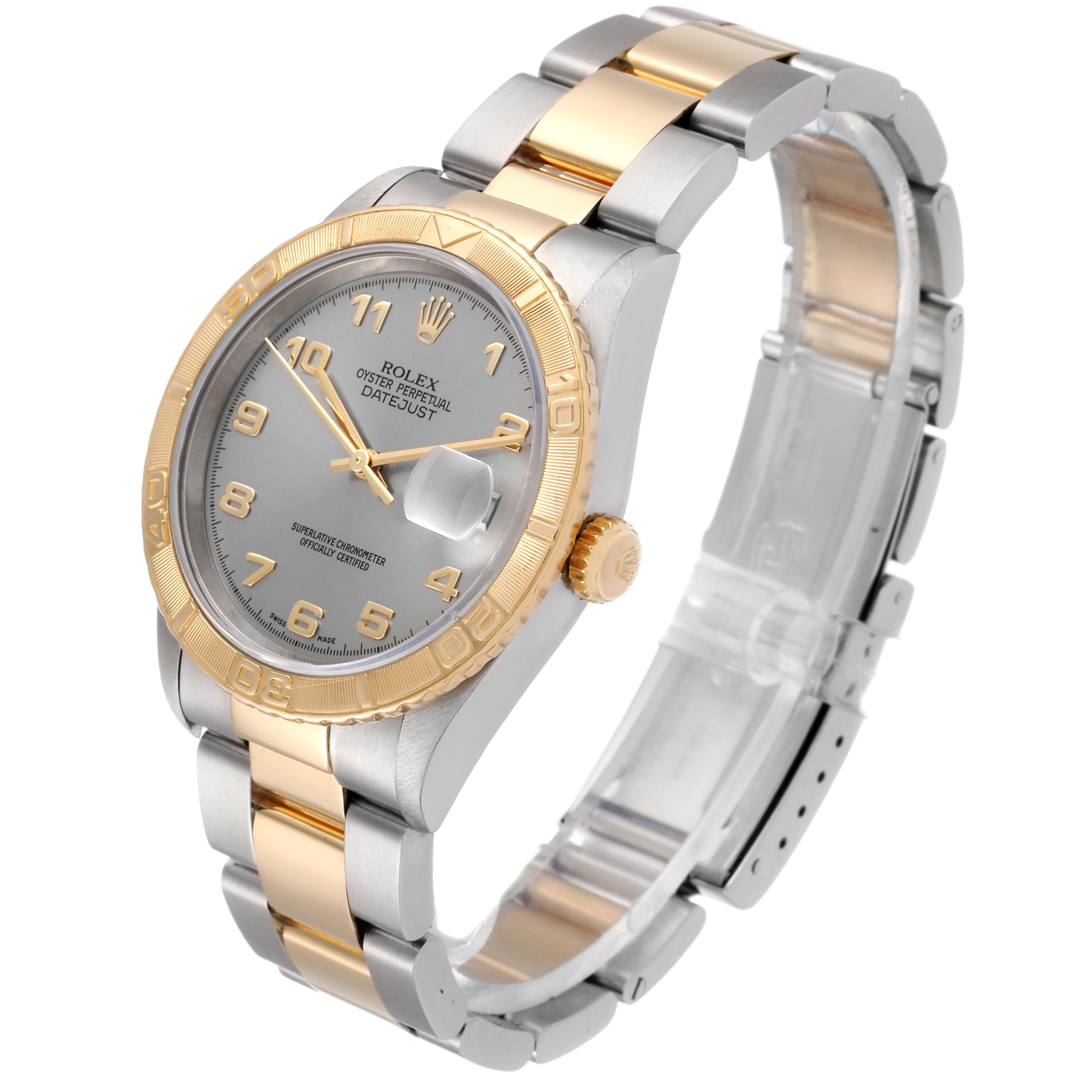 The image shows a angled side view of a Rolex Turn-o-Graph 16263 Men's Steel and Gold (two tone) Grey Dial 16263 Men's Steel and Gold (two tone) Grey Dial watch, highlighting its two-tone bracelet, bezel, and face.