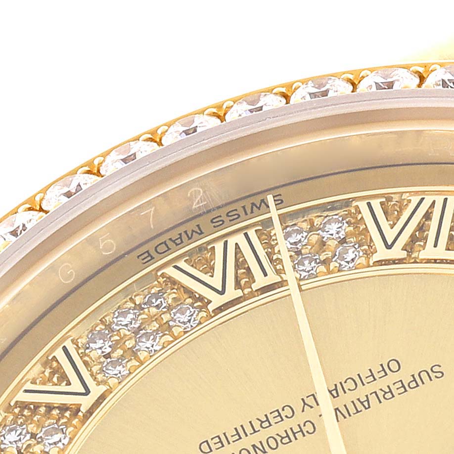 This close-up of the Rolex President 118348 Men
s Yellow Gold Champagne Dial 118348 Men
s Yellow Gold Champagne Dial model watch shows the bezel, part of the face, and Roman numeral hour markers.