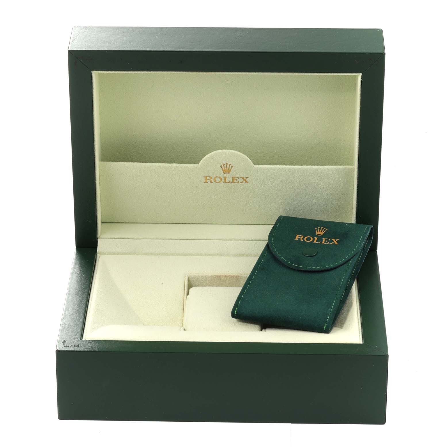 The image shows an open Rolex watch box (for the President model) with a Rolex pouch inside.