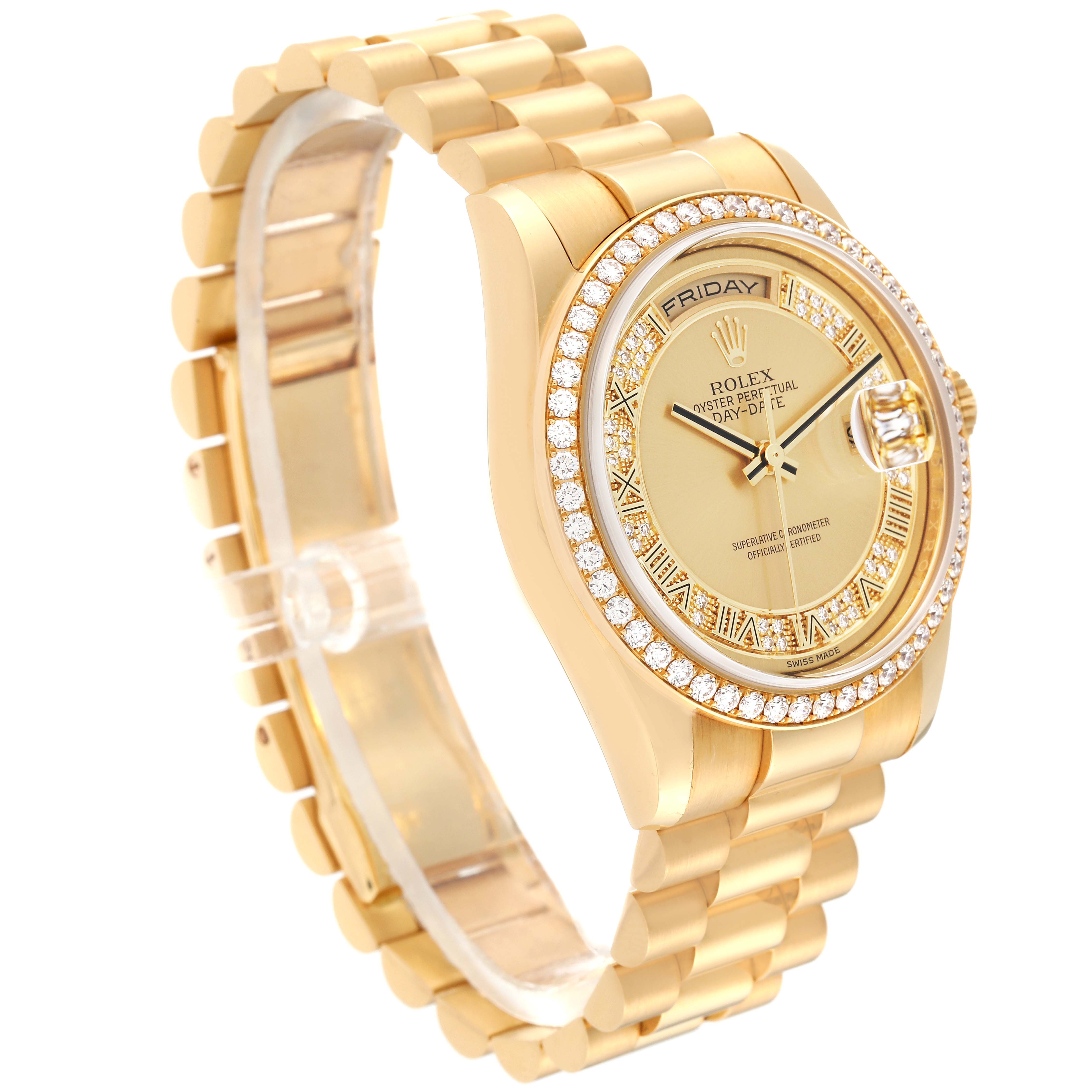 The image shows a side angle of the Rolex President 118348 Men
s Yellow Gold Champagne Dial 118348 Men
s Yellow Gold Champagne Dial watch, highlighting the gold case, bejeweled bezel, and bracelet.