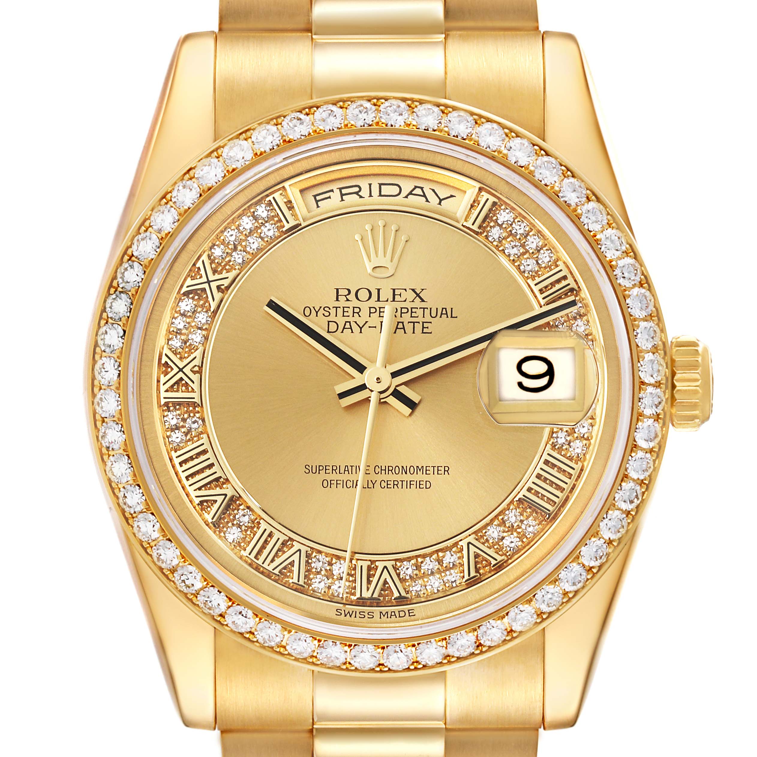 This image shows a front view of a Rolex President 118348 Men
s Yellow Gold Champagne Dial 118348 Men
s Yellow Gold Champagne Dial model watch, highlighting the gold casing, diamond bezel, and day-date display.