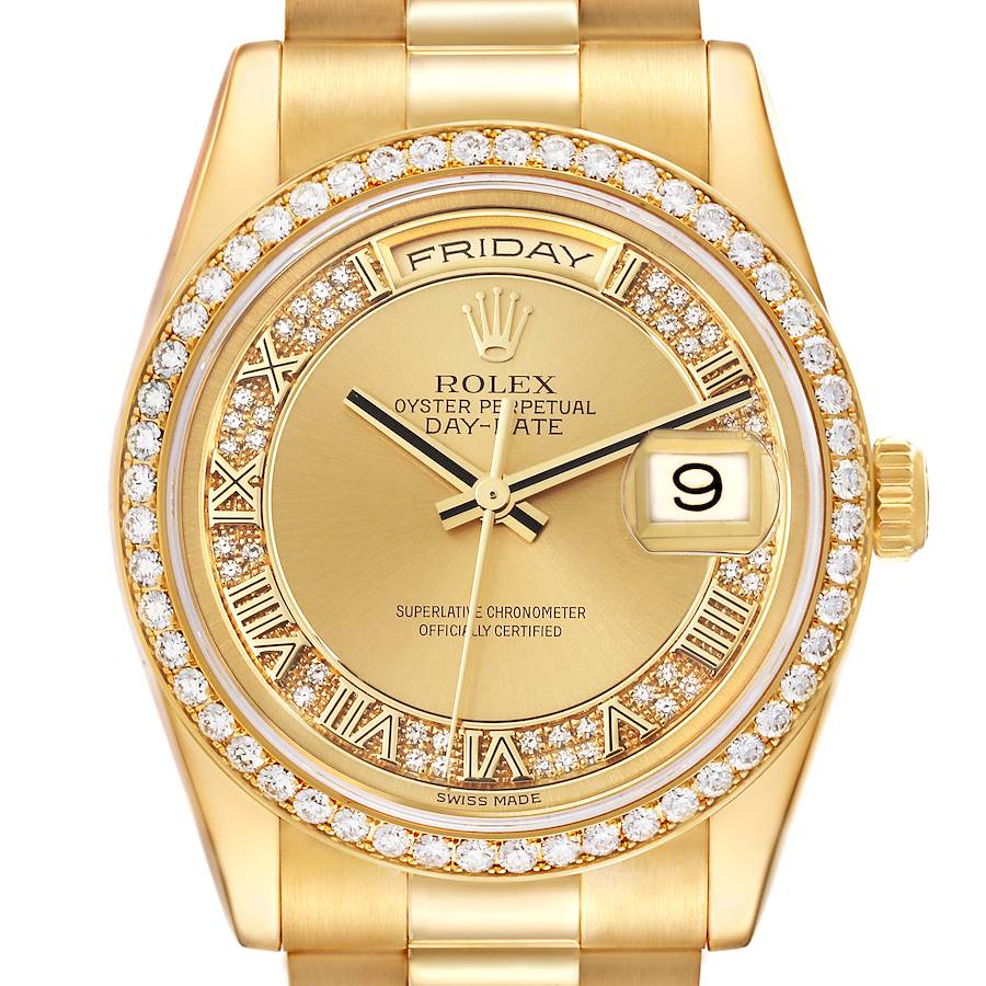 Rolex Day Date President Yellow Gold Myriad Diamond Dial Bezel Watch 118348 SwissWatchExpo