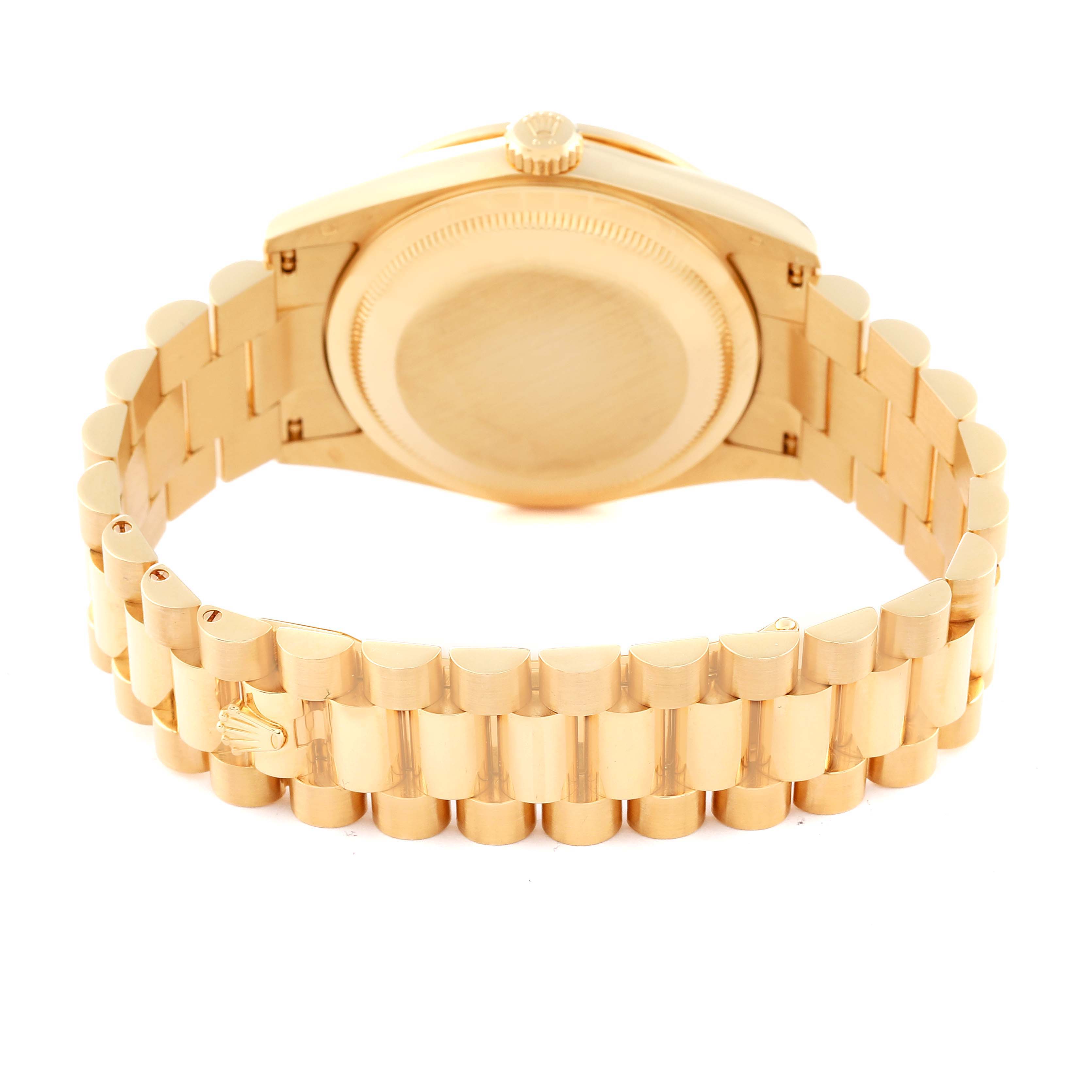 The image shows the back view of a Rolex President 118348 Men
s Yellow Gold Champagne Dial 118348 Men
s Yellow Gold Champagne Dial model watch, highlighting the bracelet and case back.