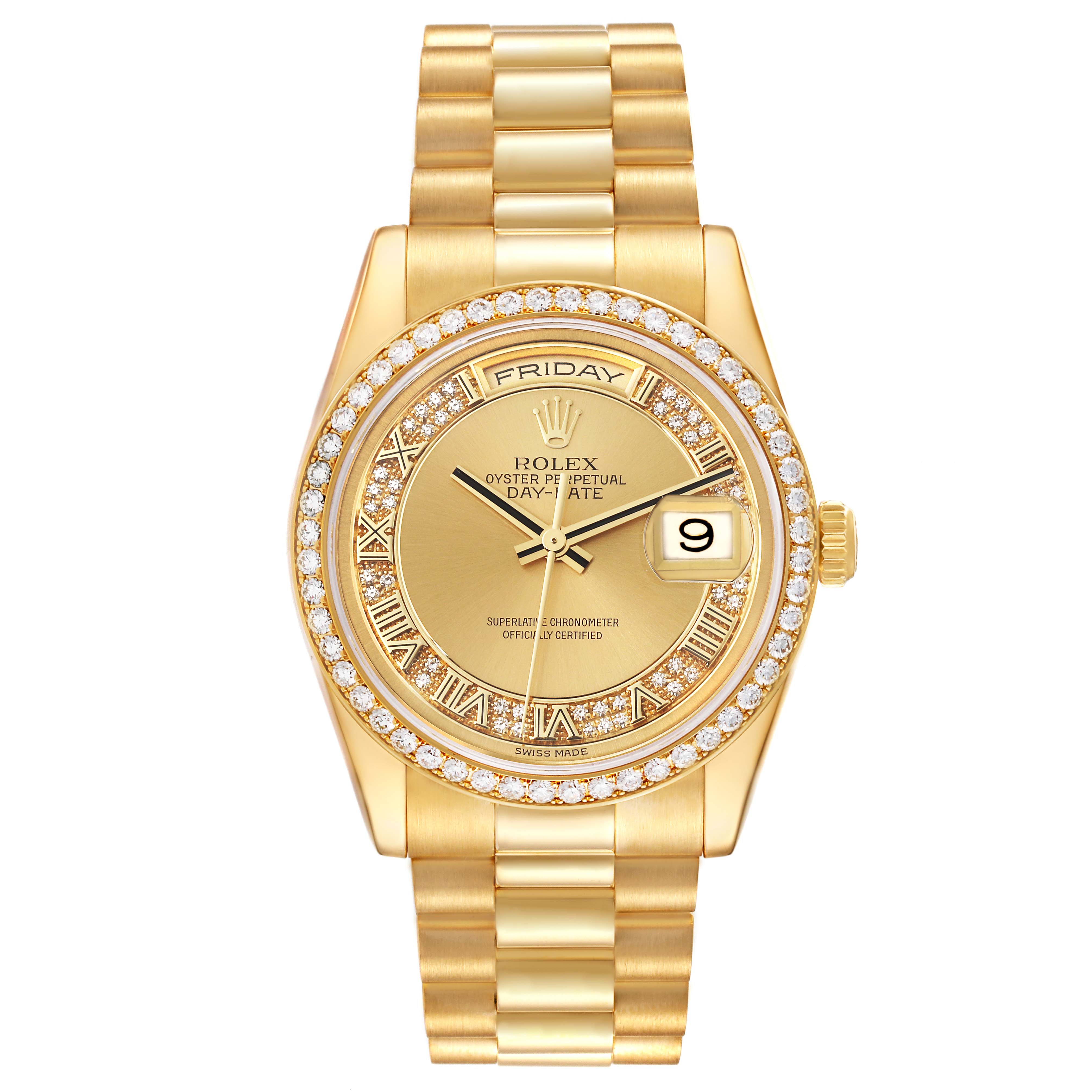 Rolex Day Date President Yellow Gold Myriad Diamond Dial Bezel Watch ...