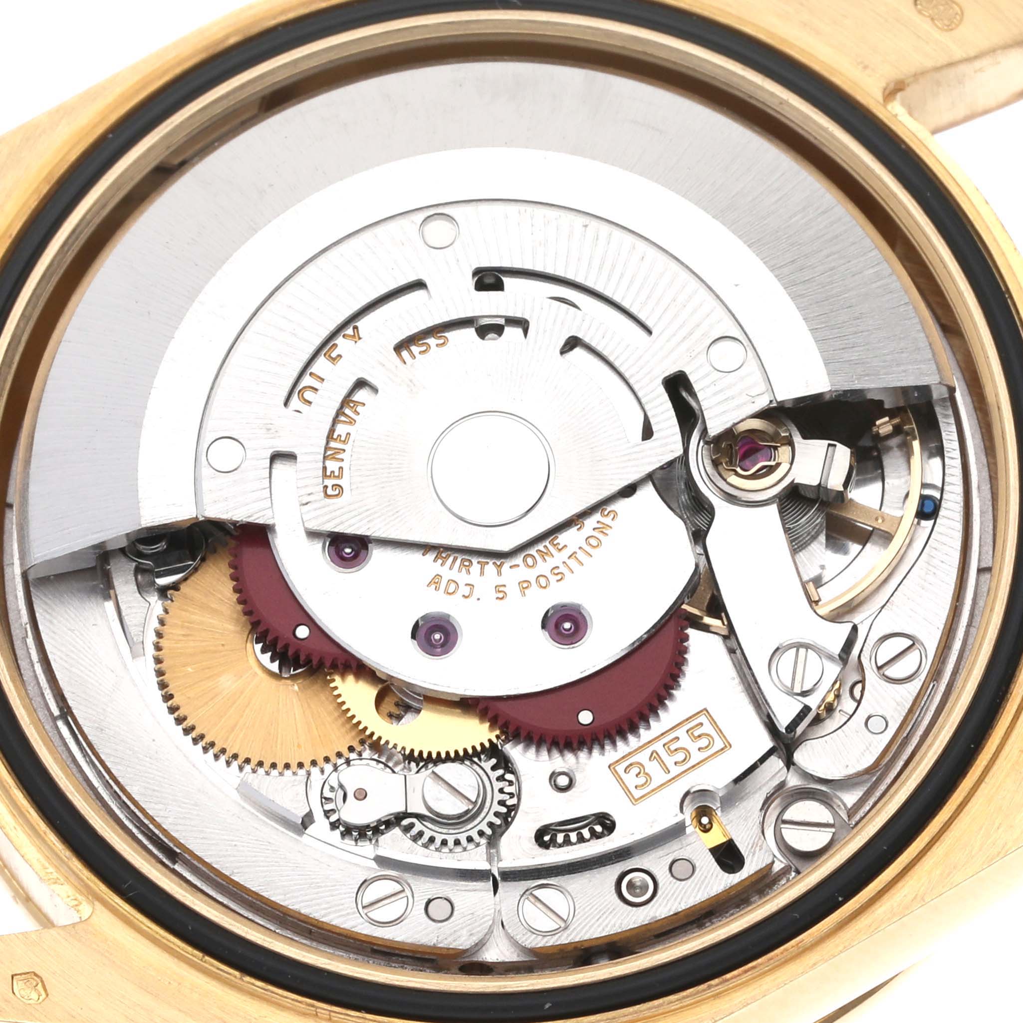 This image shows the internal mechanisms of a Rolex President 118348 Men
s Yellow Gold Champagne Dial 118348 Men
s Yellow Gold Champagne Dial model watch, viewed from the case back.