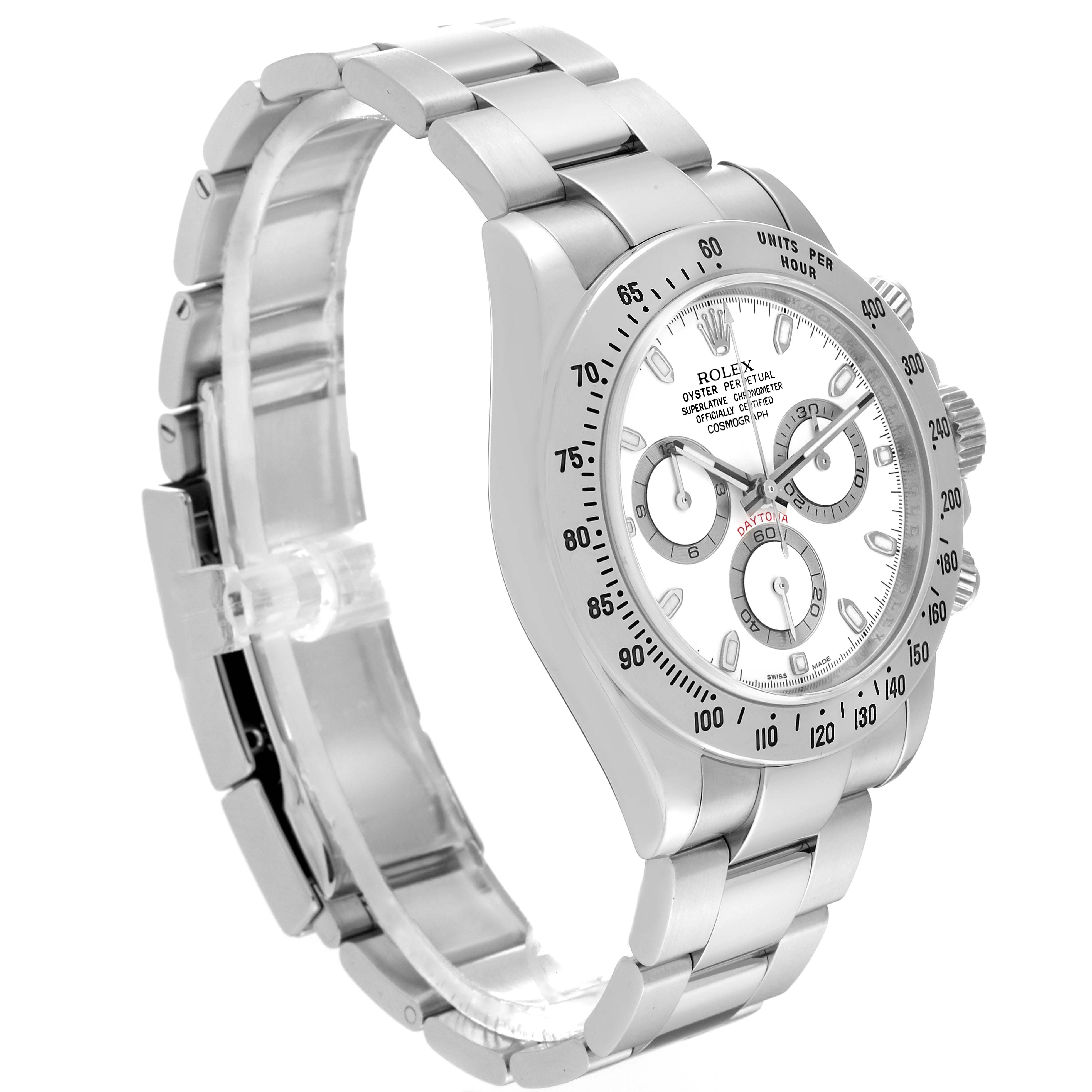 The image shows a side view and partially angled top view of a Rolex Daytona 116520 Men's Stainless Steel White Dial 116520 Men's Stainless Steel White Dial watch, displaying its stainless steel bracelet and dial.