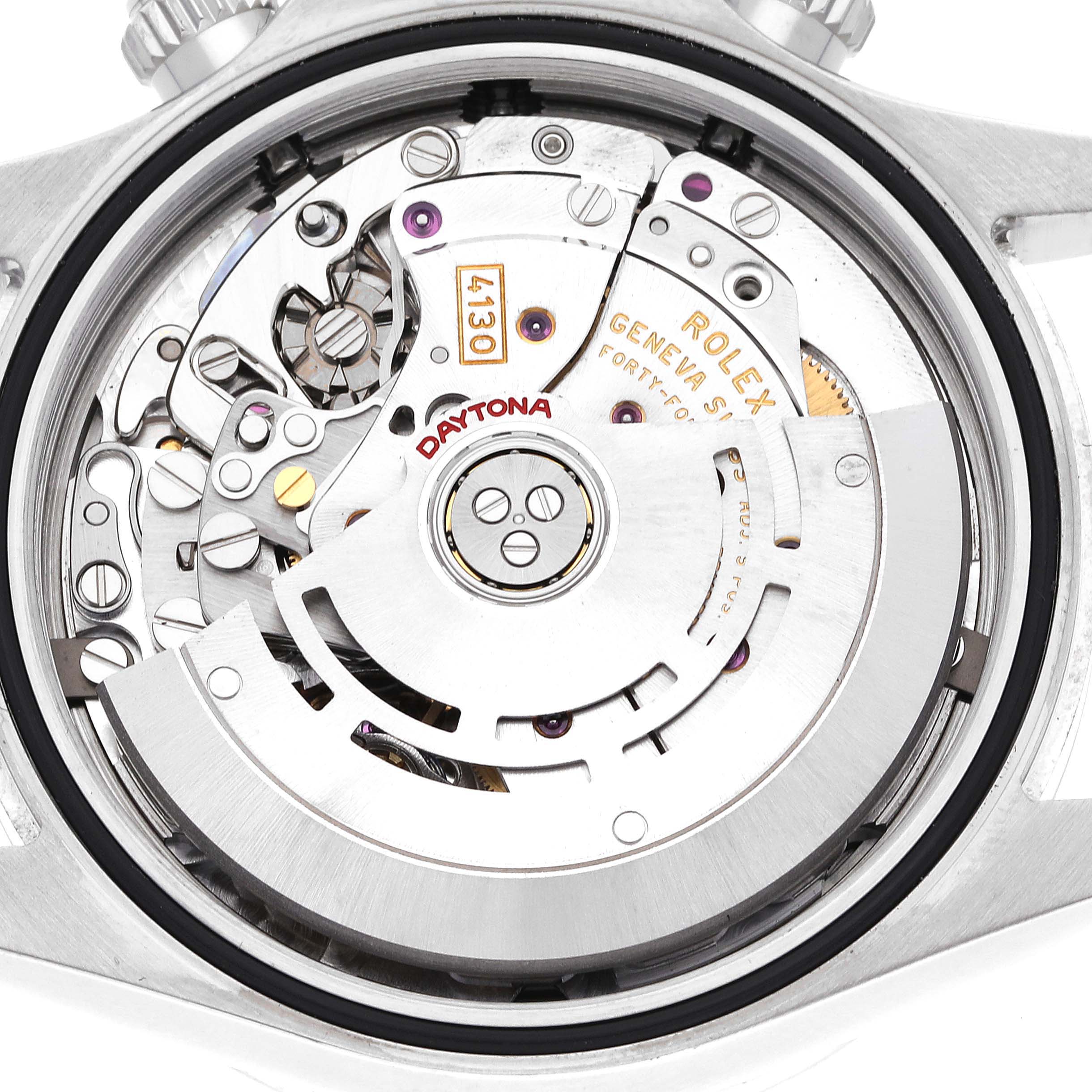 This image shows the internal mechanics and movement of a Rolex Daytona 116520 Men's Stainless Steel White Dial 116520 Men's Stainless Steel White Dial watch from the back.