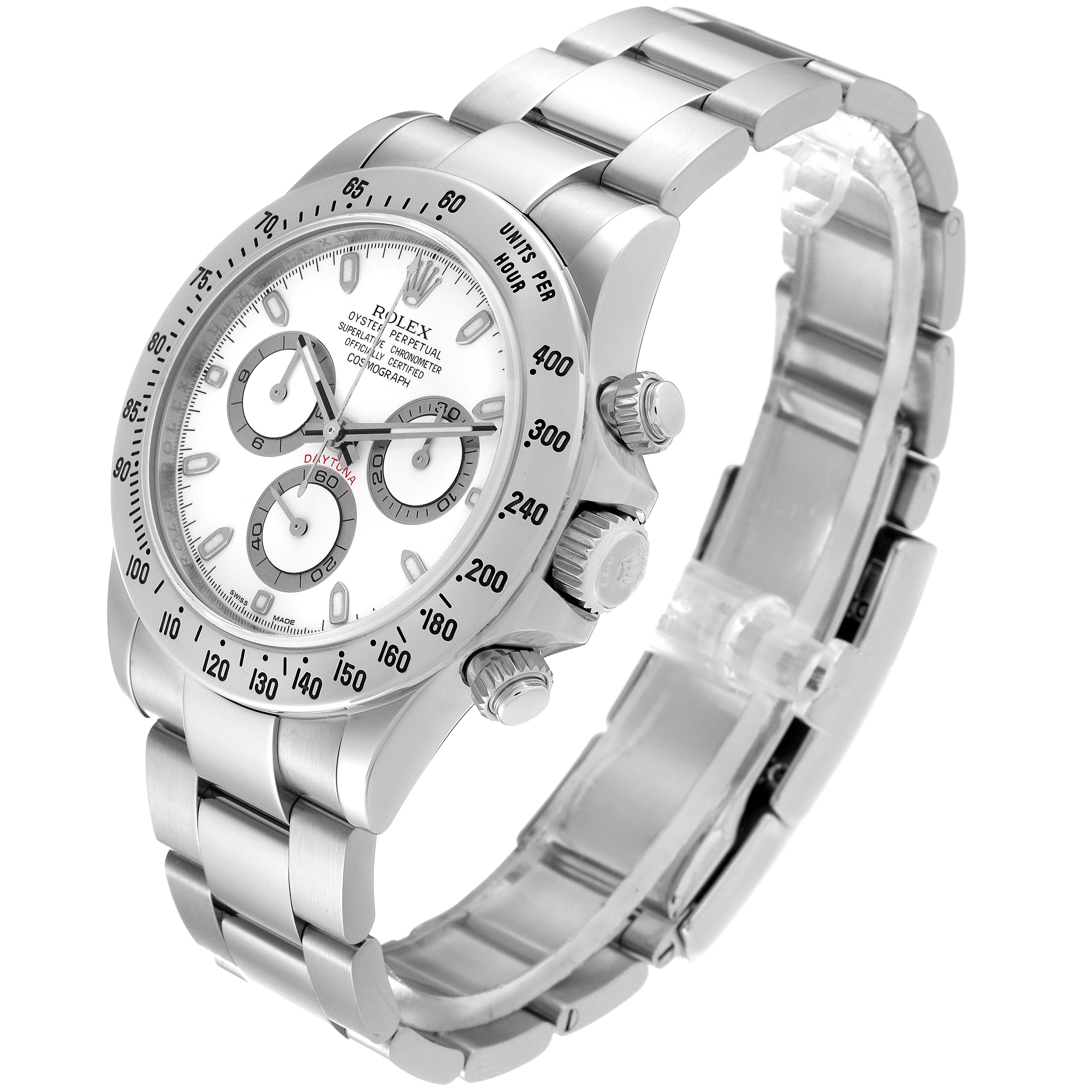The image shows a Rolex Daytona 116520 Men's Stainless Steel White Dial 116520 Men's Stainless Steel White Dial watch at a tilted angle, highlighting the face, bezel, crown, and bracelet.