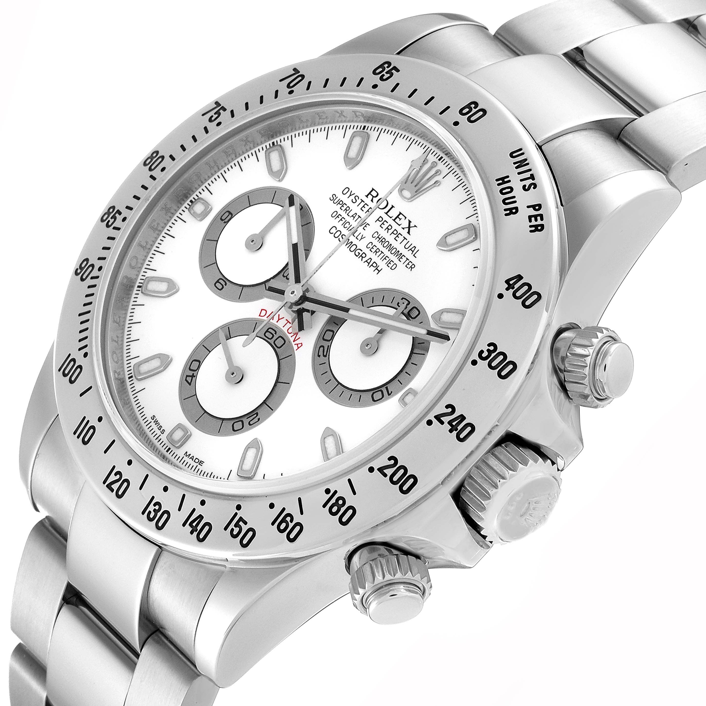 This image shows a Rolex Daytona 116520 Men's Stainless Steel White Dial 116520 Men's Stainless Steel White Dial watch at an angled close-up, displaying the face, bezel, pushers, and part of the bracelet.