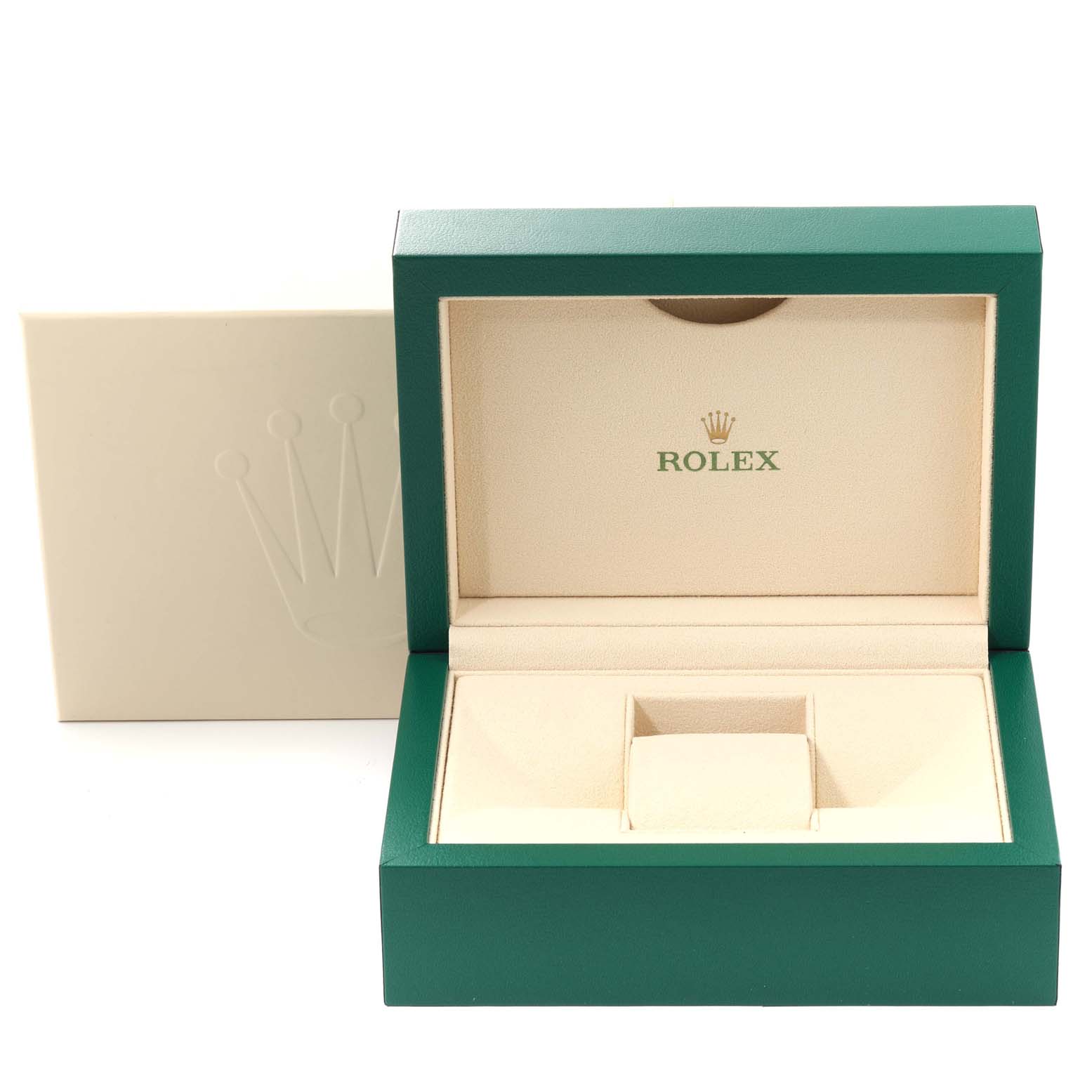 The image shows an open Rolex Daytona 116520 Men's Stainless Steel White Dial 116520 Men's Stainless Steel White Dial watch box and packaging, featuring green and beige colors with the Rolex logo inside.