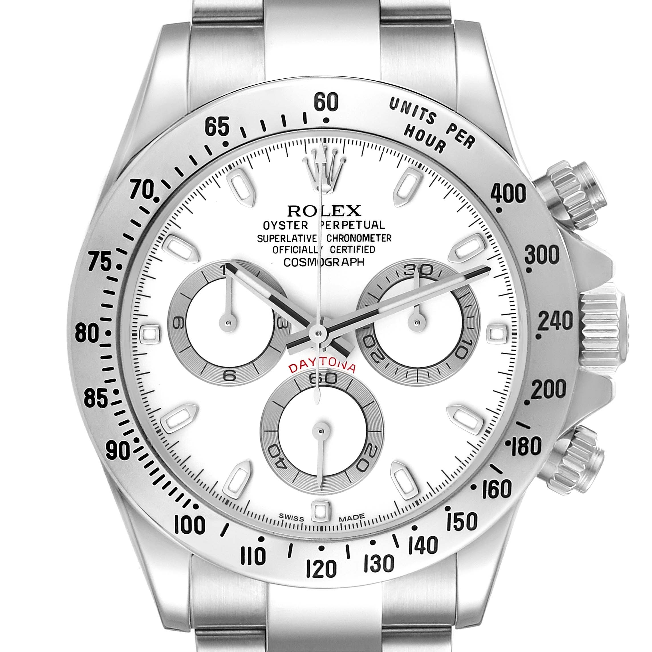The image shows a frontal view of a Rolex Daytona 116520 Men's Stainless Steel White Dial 116520 Men's Stainless Steel White Dial watch, displaying its dial, bezel, and chronograph subdials.