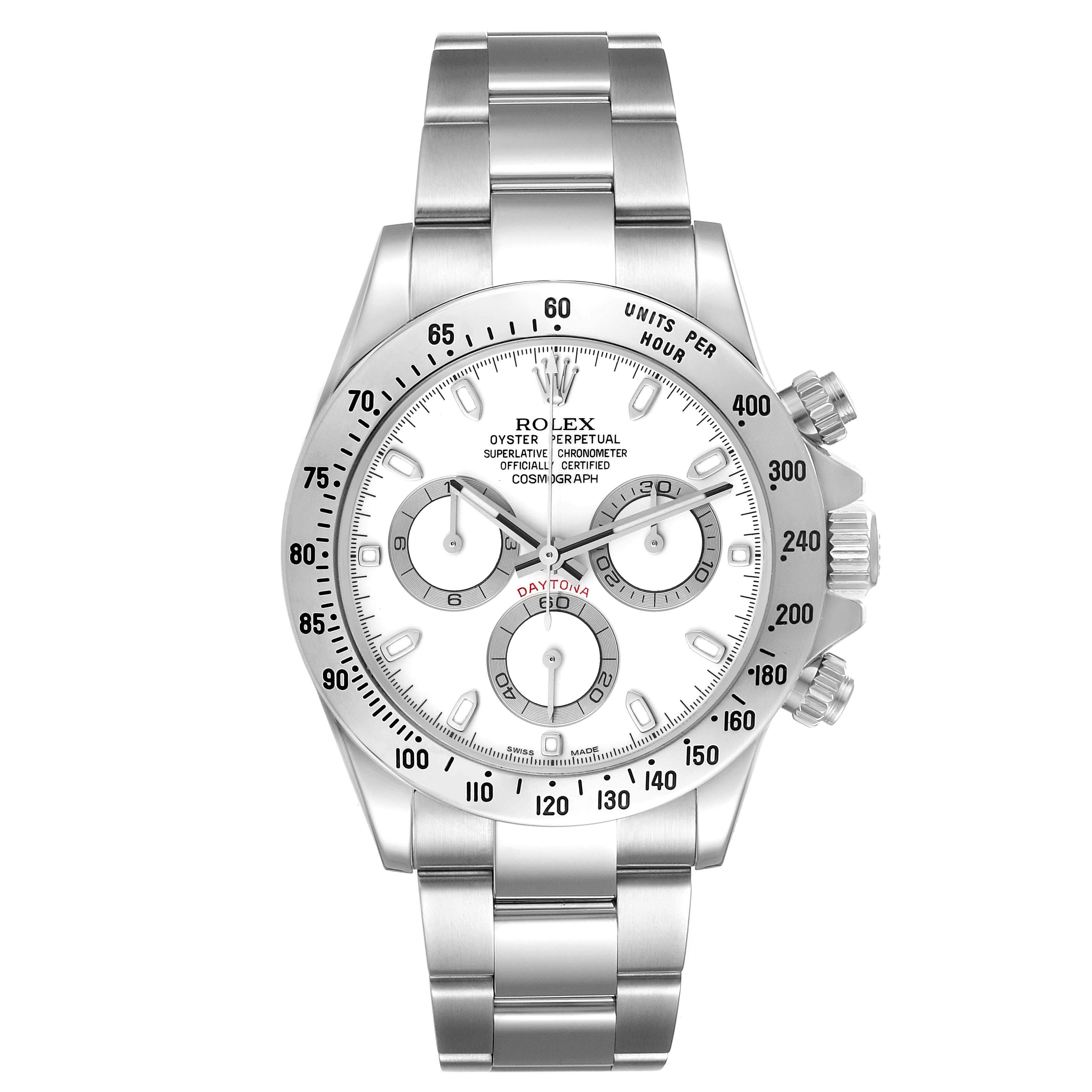 The image shows a frontal view of a Rolex Daytona 116520 Men's Stainless Steel White Dial 116520 Men's Stainless Steel White Dial watch, highlighting its face, dial, bezel, and bracelet.