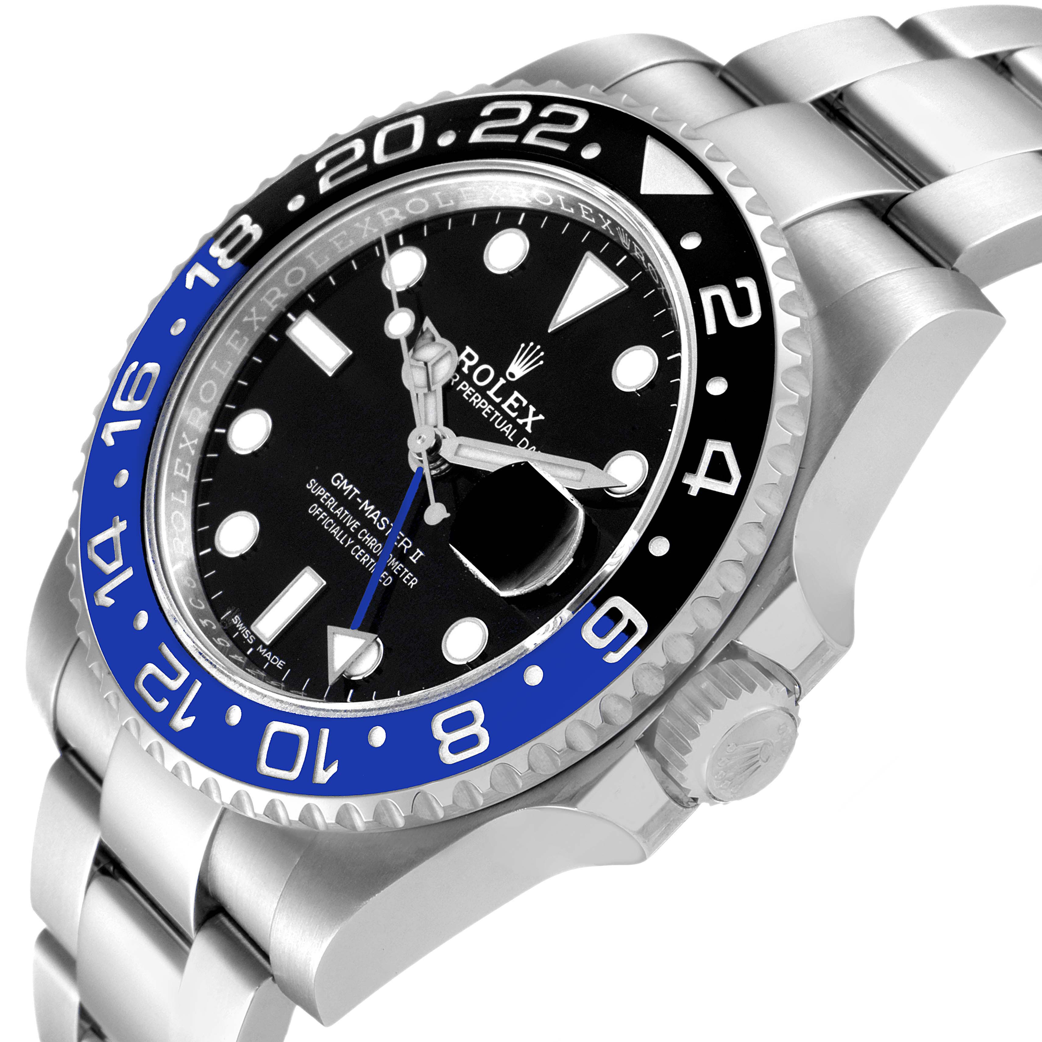 The image shows the face and part of the bracelet of a Rolex GMT-Master 116710BLNR Men's Stainless Steel Black Dial 116710BLNR Men's Stainless Steel Black Dial II watch at a slight angle, highlighting the bezel and crown.
