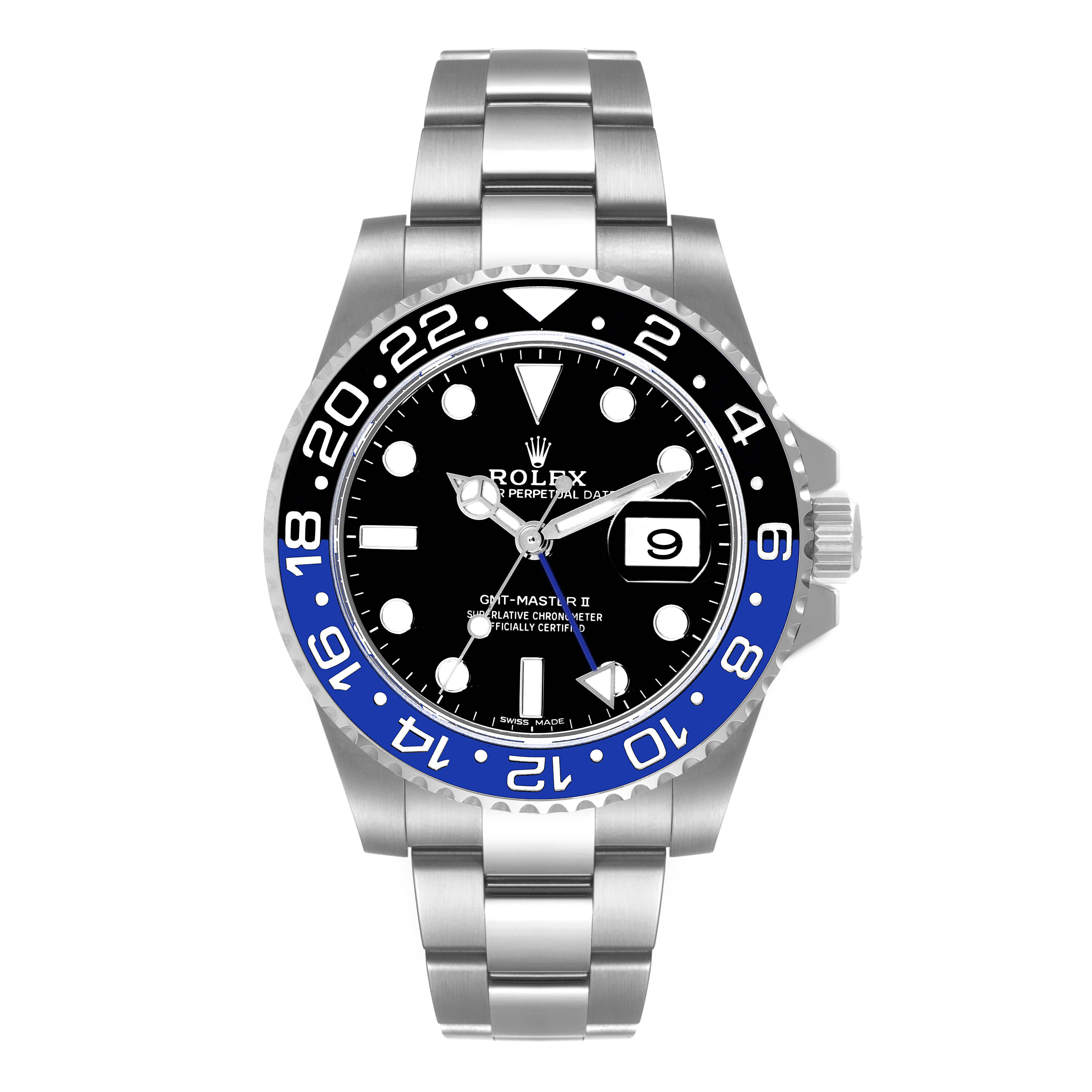The image shows a front view of the Rolex GMT-Master 116710BLNR Men's Stainless Steel Black Dial 116710BLNR Men's Stainless Steel Black Dial II watch, displaying its bezel, dial, hands, date, and bracelet.
