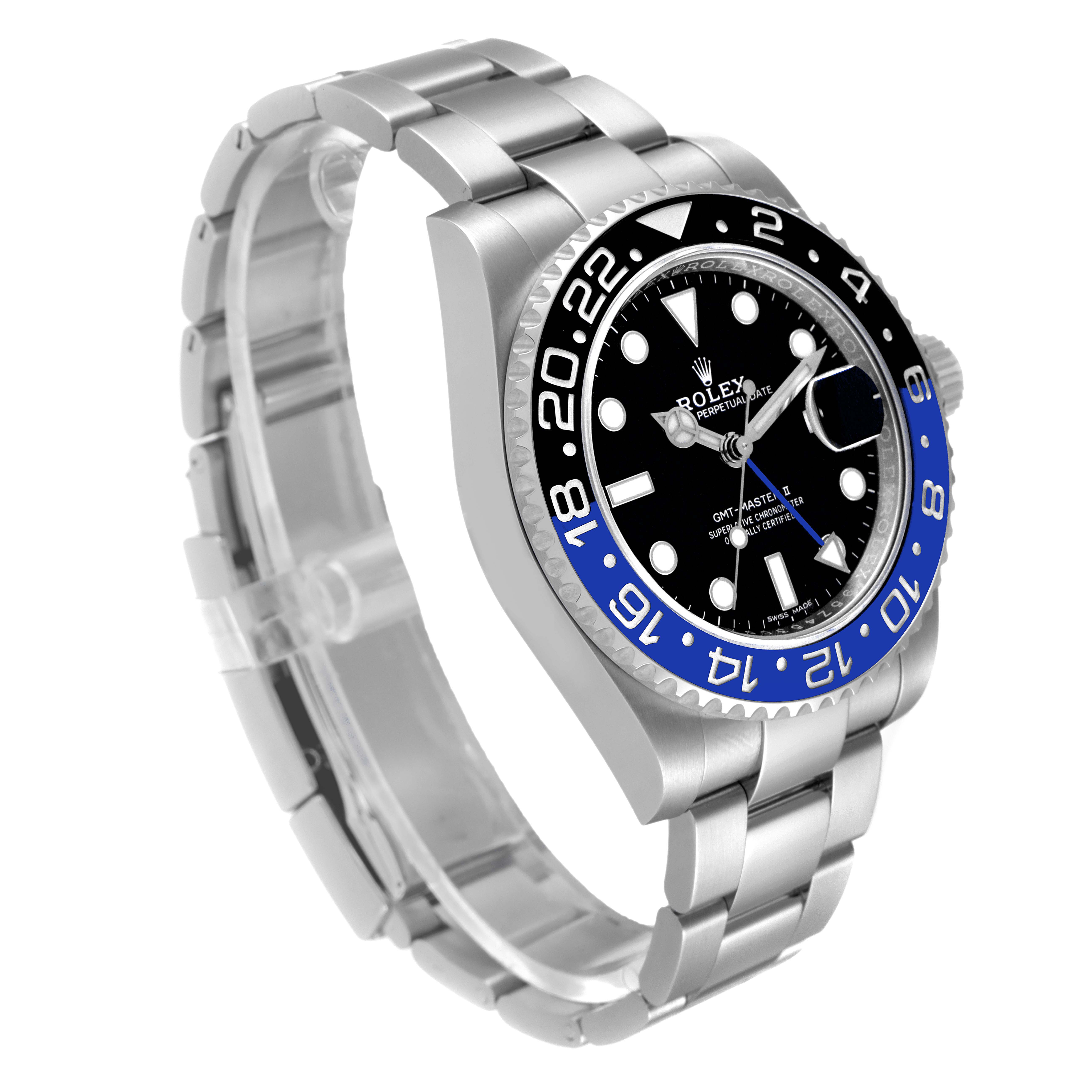 The image shows a side angle view of a Rolex GMT-Master 116710BLNR Men's Stainless Steel Black Dial 116710BLNR Men's Stainless Steel Black Dial watch, highlighting the bracelet, case, and bezel.