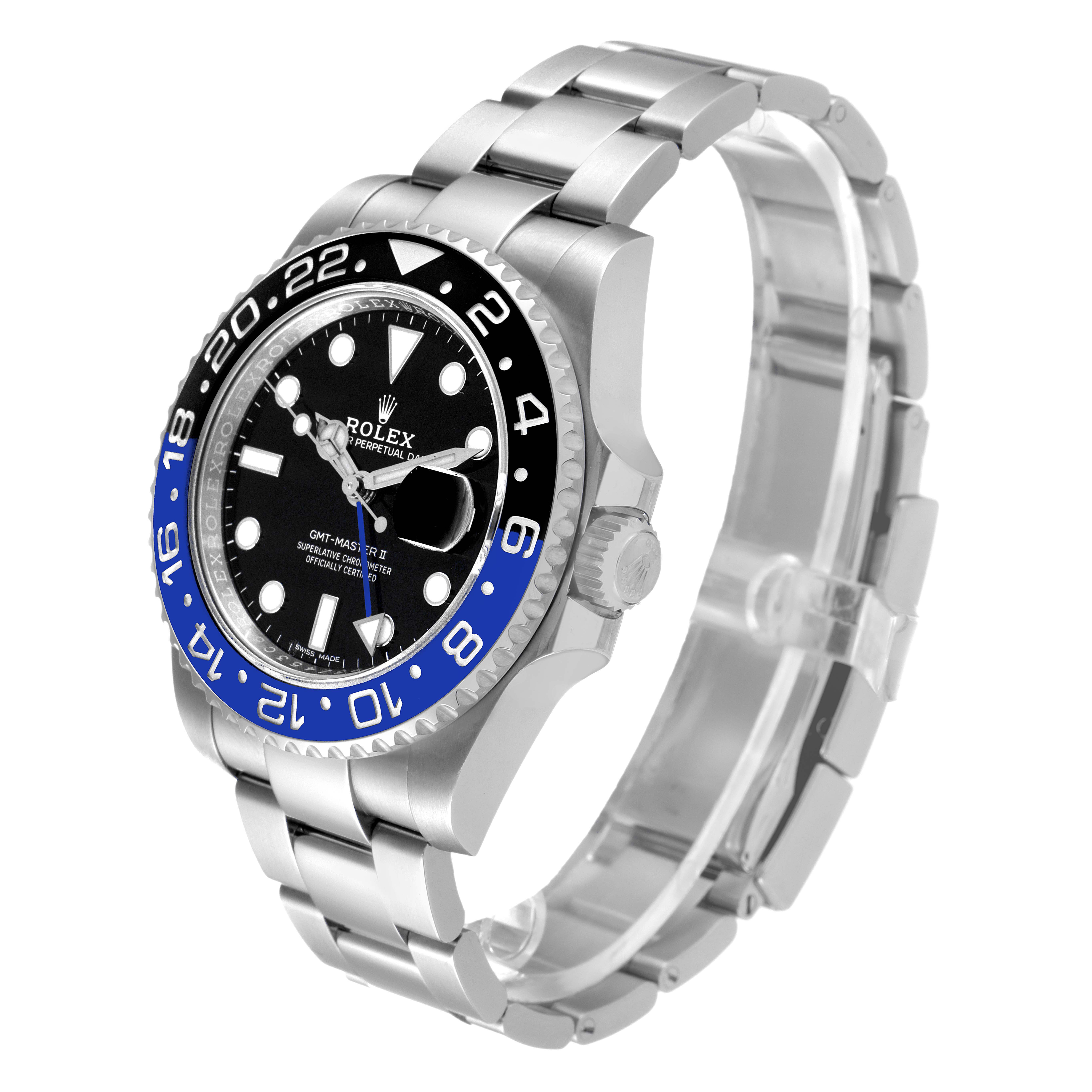 The Rolex GMT-Master 116710BLNR Men's Stainless Steel Black Dial 116710BLNR Men's Stainless Steel Black Dial watch is shown at a slight angle, highlighting the bezel, dial, and part of the bracelet.