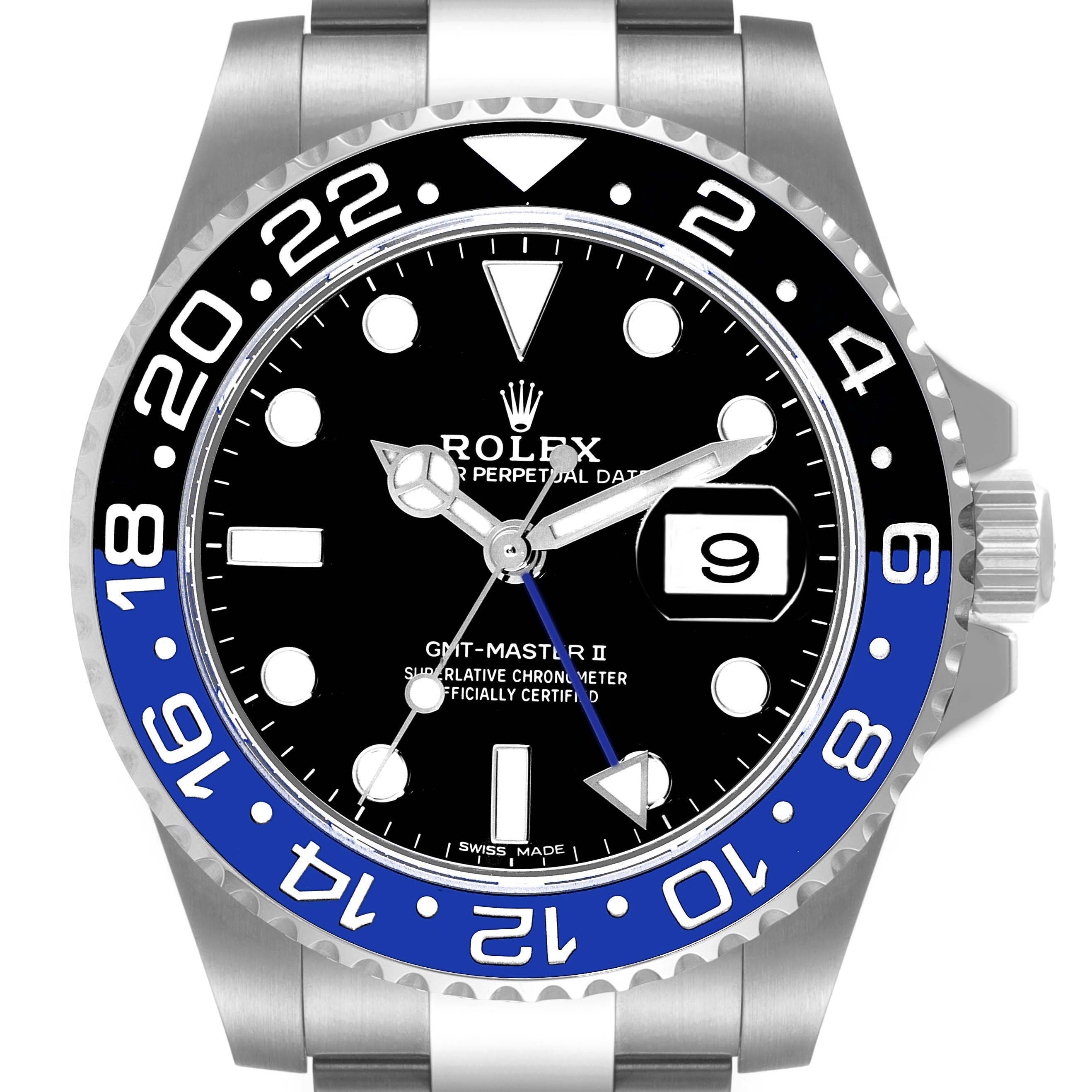 The image shows a front view of the dial and bezel of a Rolex GMT-Master 116710BLNR Men's Stainless Steel Black Dial 116710BLNR Men's Stainless Steel Black Dial II watch.