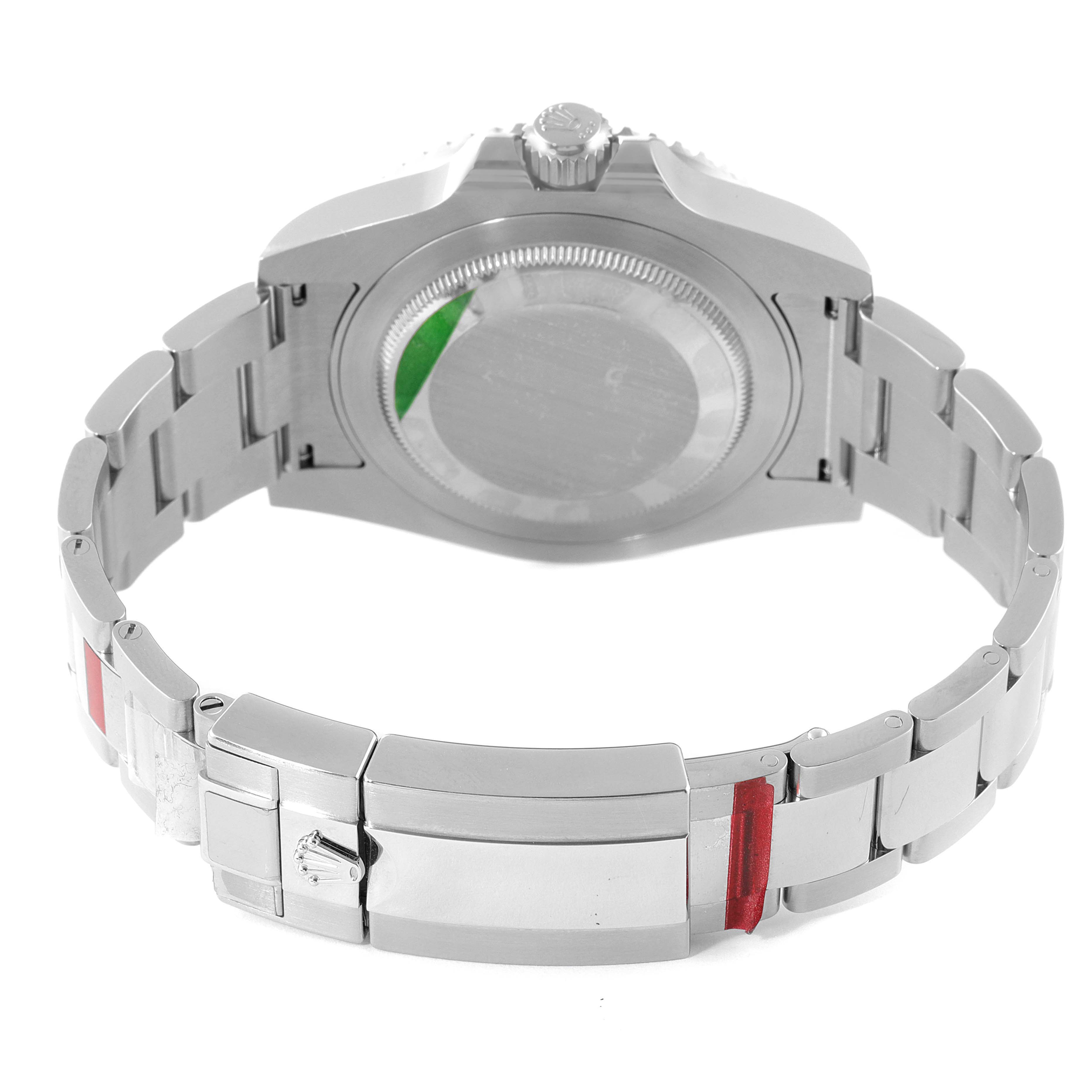 The image shows the back view of a Rolex GMT-Master 116710BLNR Men's Stainless Steel Black Dial 116710BLNR Men's Stainless Steel Black Dial watch, highlighting its case back, crown, and bracelet clasp.