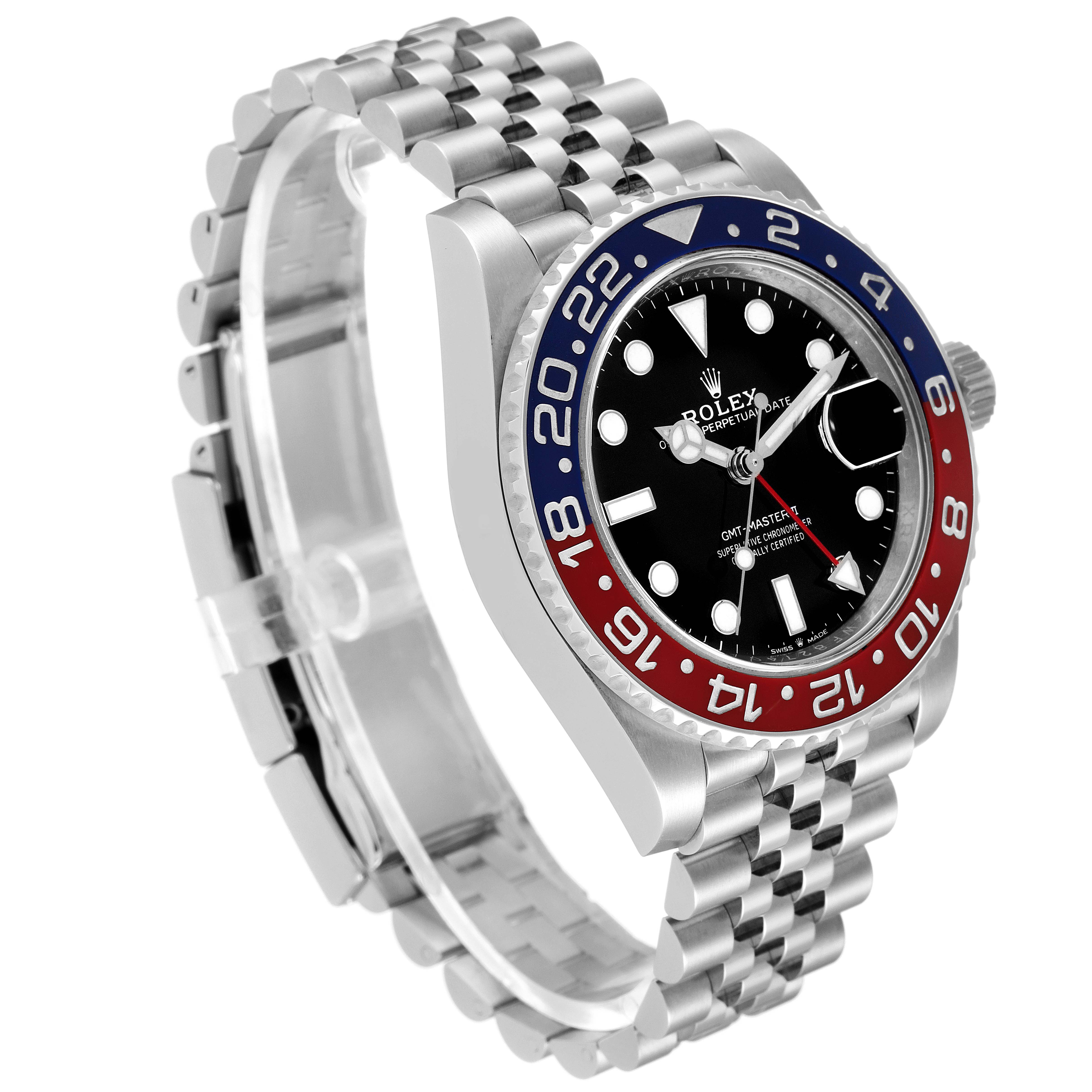 The image shows a Rolex GMT-Master 126710BLRO Men's Stainless Steel Black Dial 126710BLRO Men's Stainless Steel Black Dial watch at an angle displaying its face, bezel, crown, and Jubilee bracelet.
