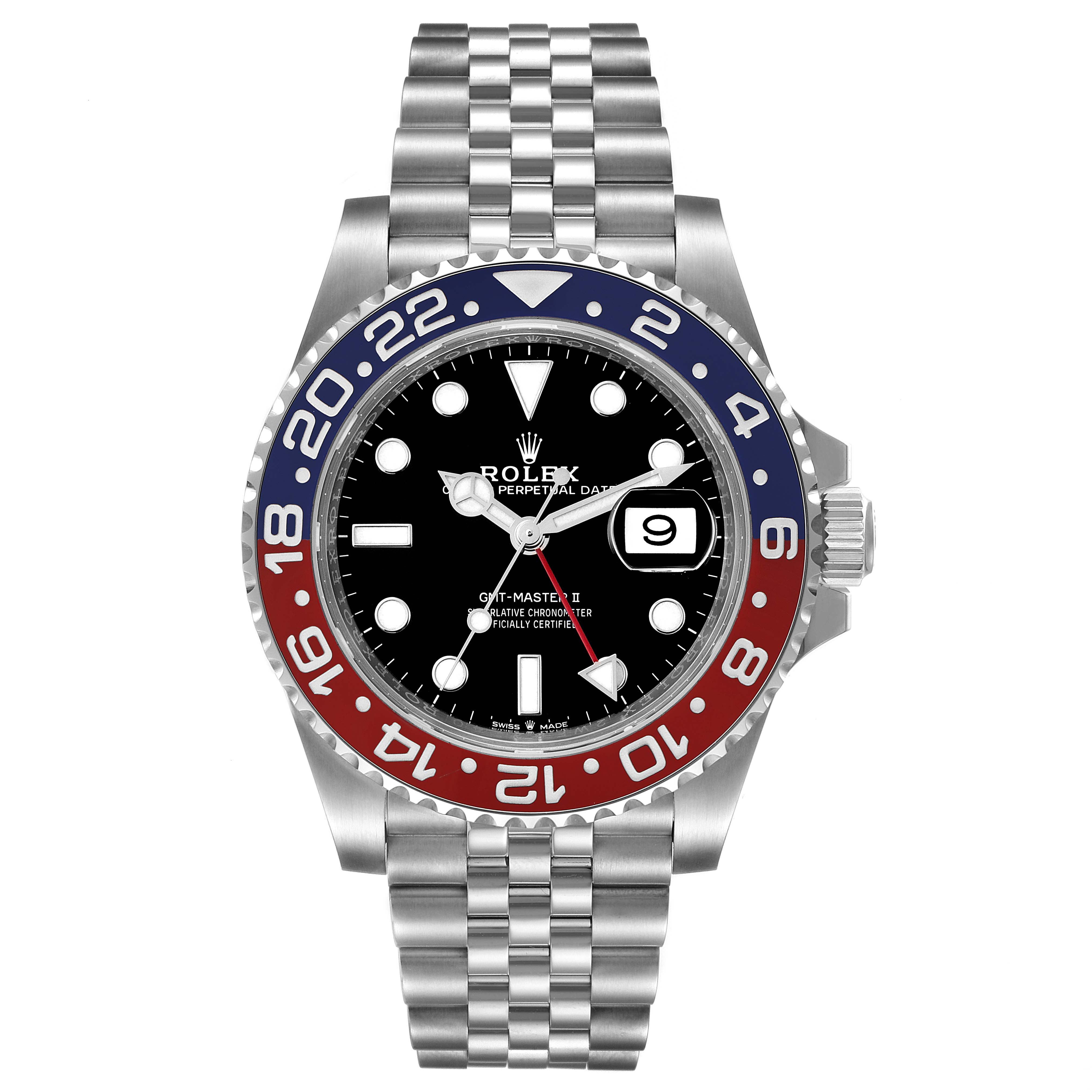 The image shows a front view of a Rolex GMT-Master 126710BLRO Men's Stainless Steel Black Dial 126710BLRO Men's Stainless Steel Black Dial watch, highlighting its bezel, dial, hands, and jubilee bracelet.