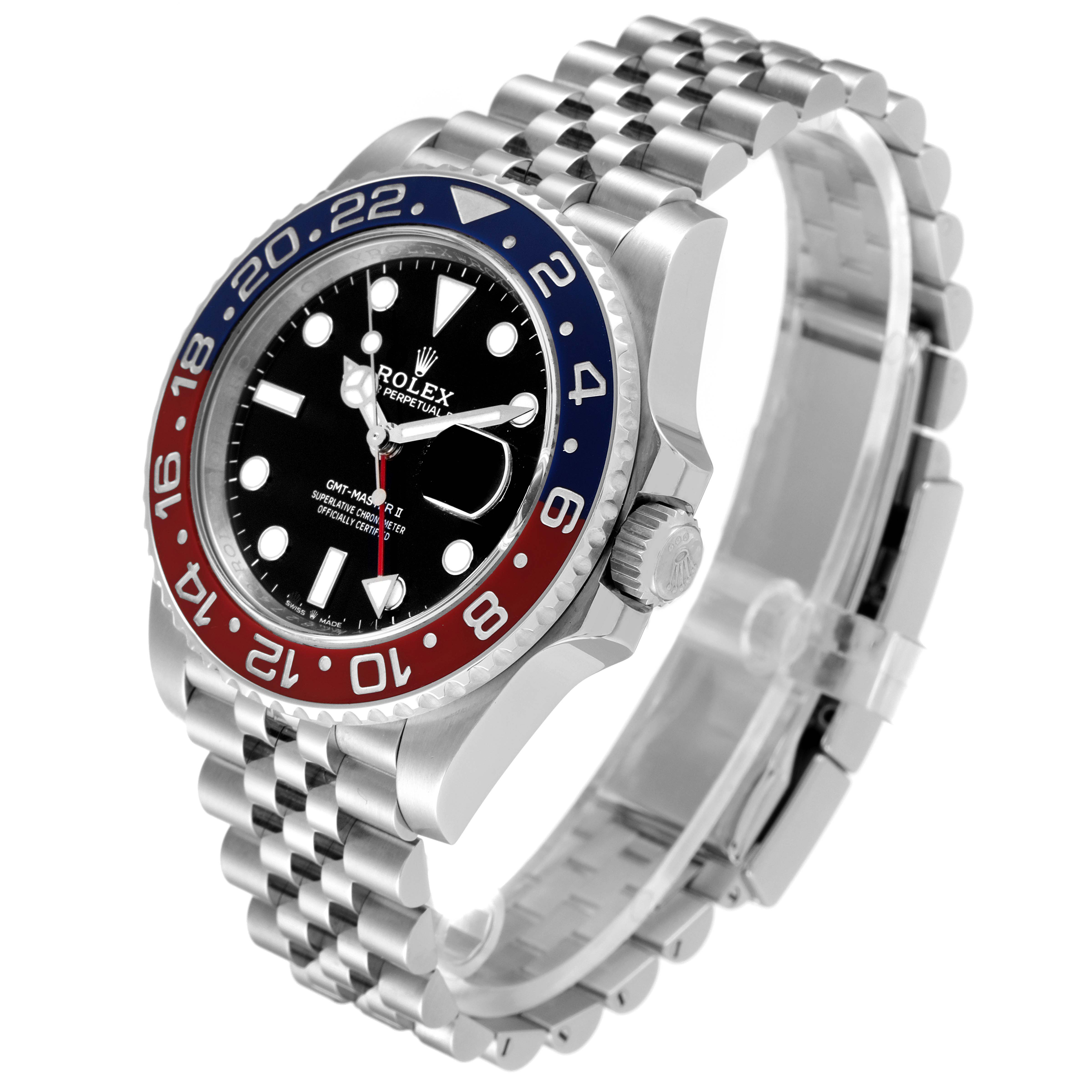 This image shows a Rolex GMT-Master 126710BLRO Men's Stainless Steel Black Dial 126710BLRO Men's Stainless Steel Black Dial watch at a three-quarter angle displaying the bezel, dial, crown, and bracelet.