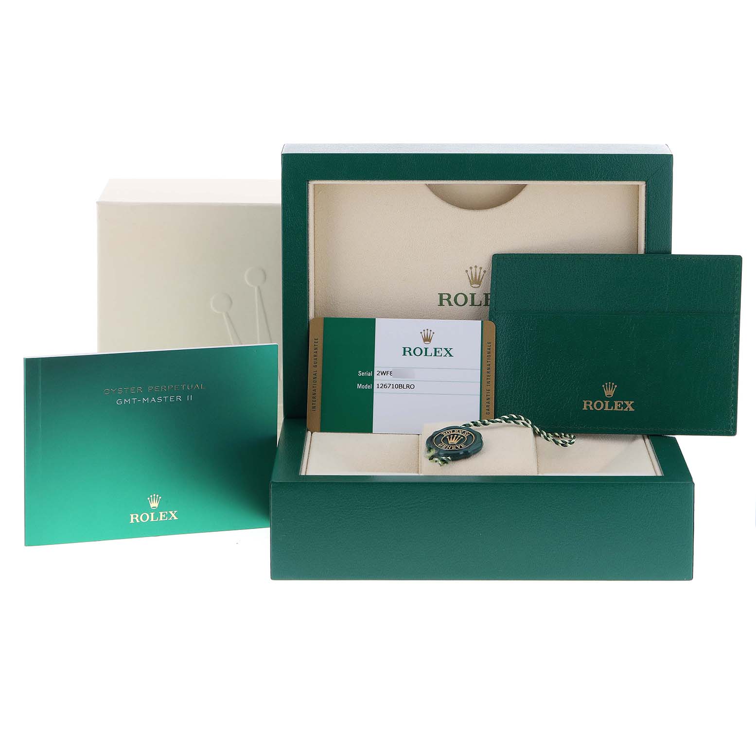 The image shows the box, warranty card, and accessories for the Rolex GMT-Master 126710BLRO Men's Stainless Steel Black Dial 126710BLRO Men's Stainless Steel Black Dial.