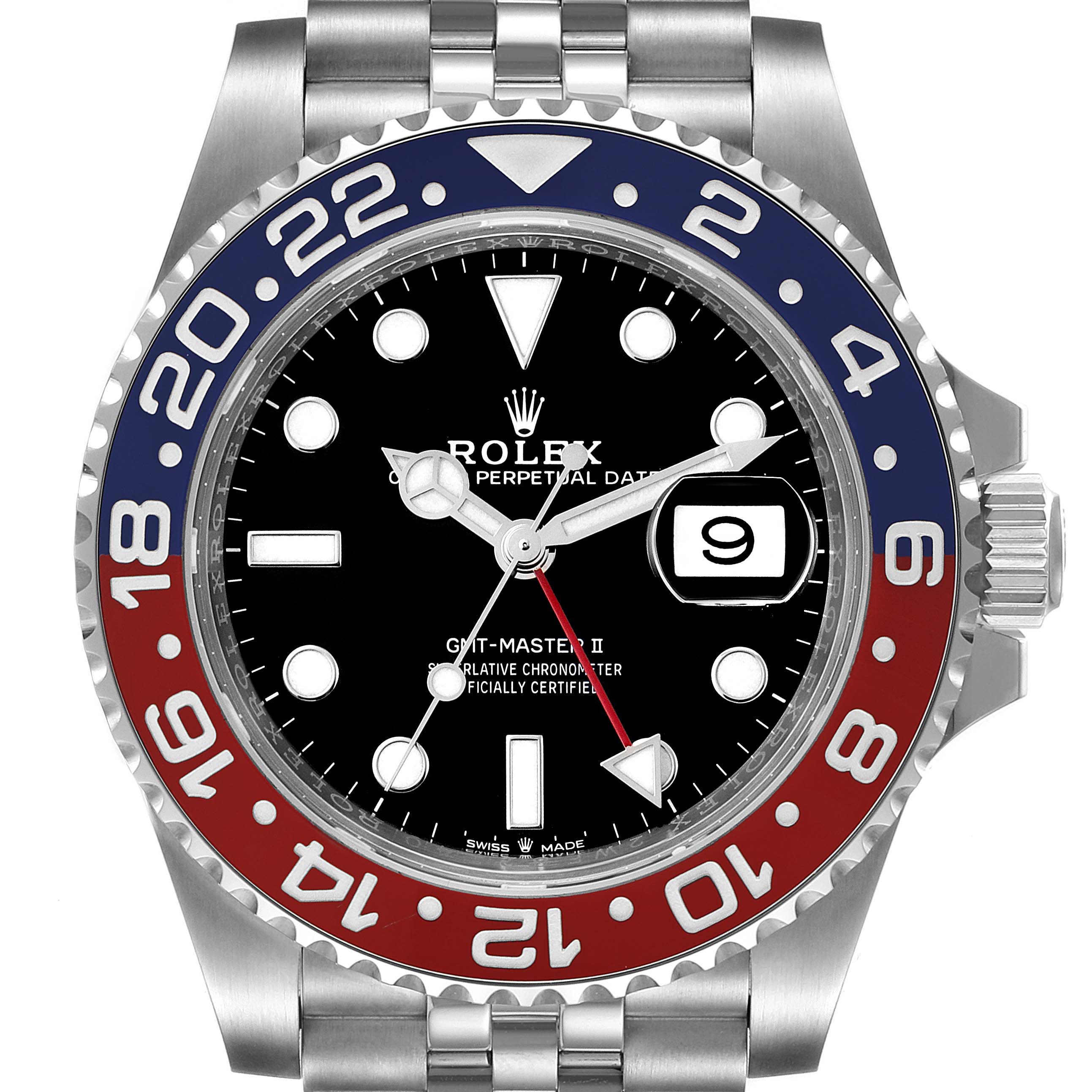 This Rolex GMT-Master 126710BLRO Men's Stainless Steel Black Dial 126710BLRO Men's Stainless Steel Black Dial II watch is shown from the front, displaying the bezel, dial, hands, and part of the bracelet.