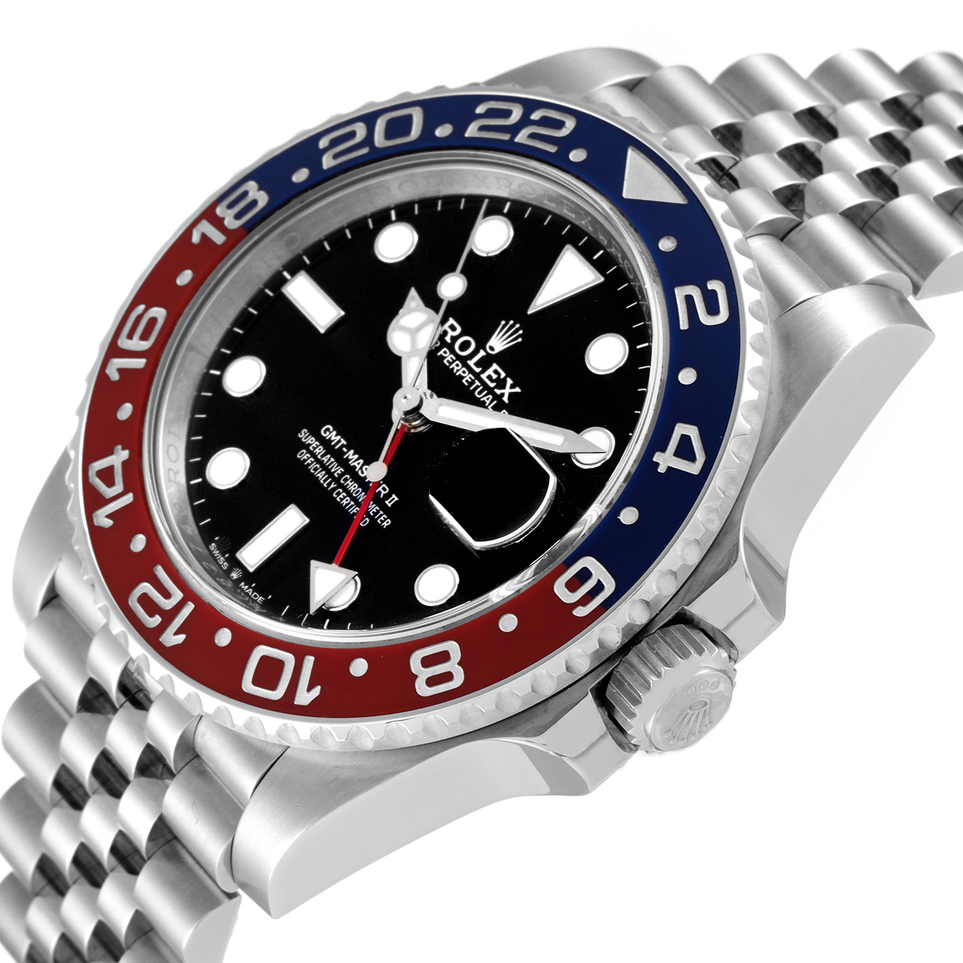The image shows a close-up angle of a Rolex GMT-Master 126710BLRO Men's Stainless Steel Black Dial 126710BLRO Men's Stainless Steel Black Dial watch highlighting the bezel, dial, and crown.