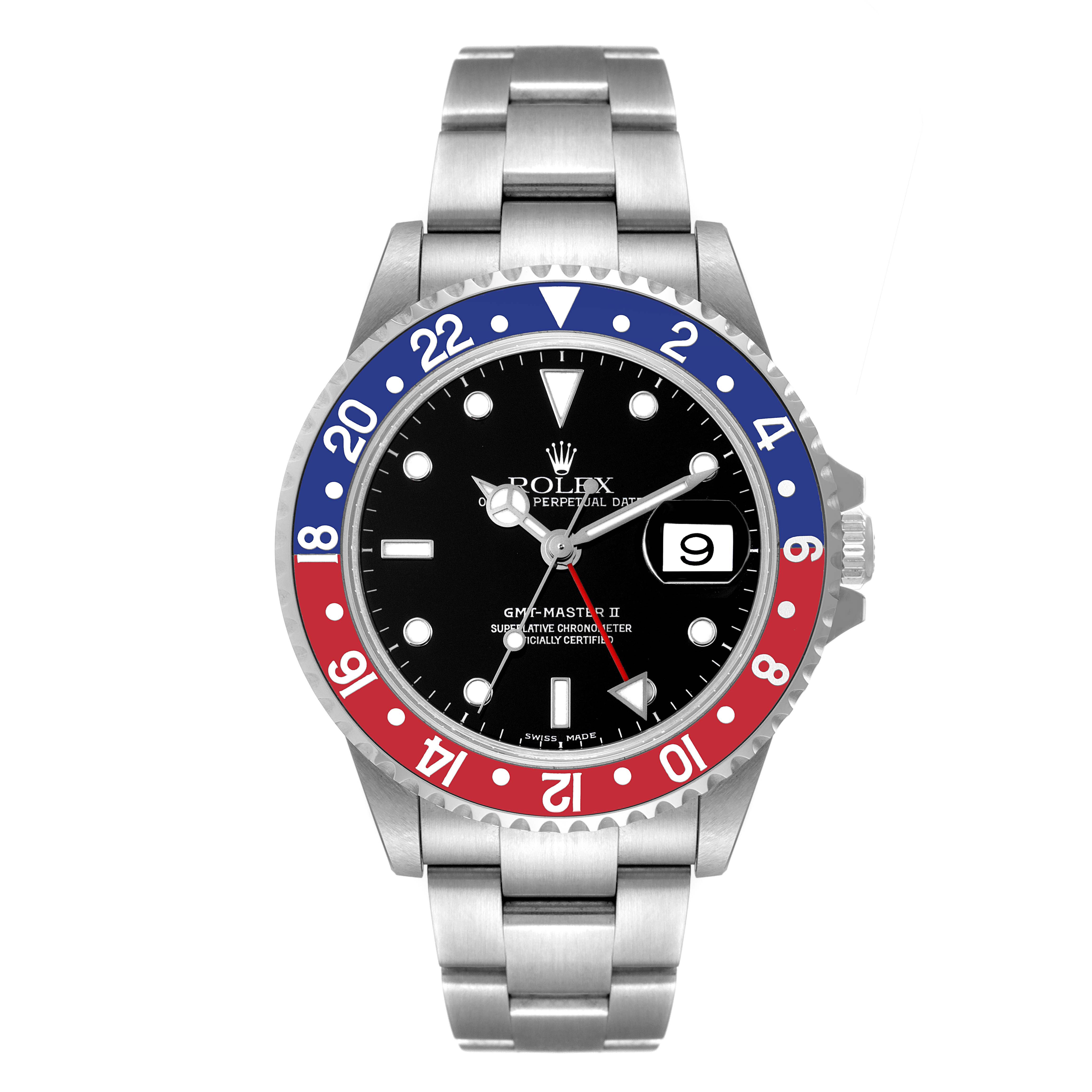 The image shows a front view of a Rolex GMT-Master 16710 Men
s Stainless Steel Black Dial 16710 Men
s Stainless Steel Black Dial II watch with a 
Pepsi
 bezel and a stainless steel bracelet.