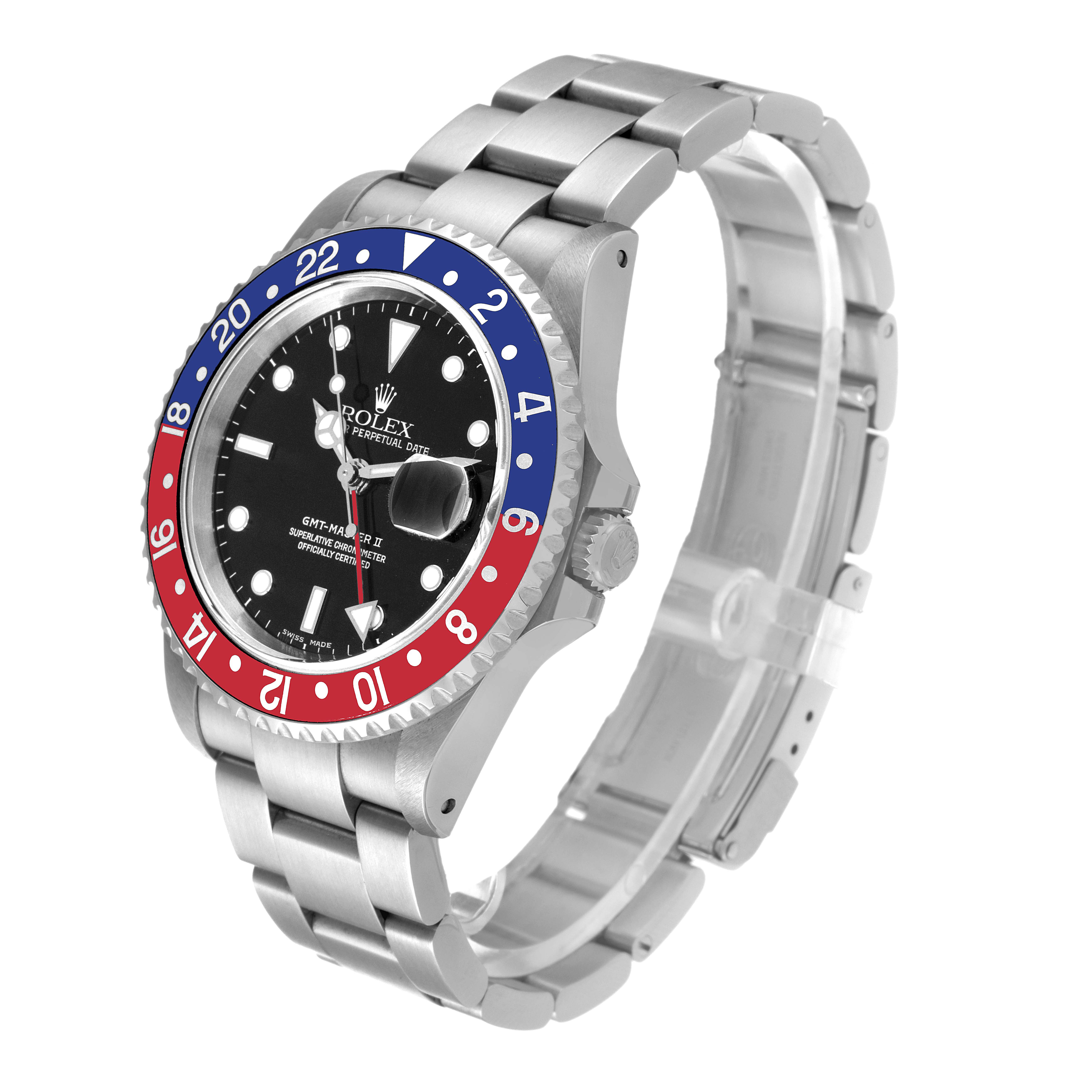 This GMT-Master Rolex watch is shown at an angle highlighting its bezel, dial, bracelet, and crown.