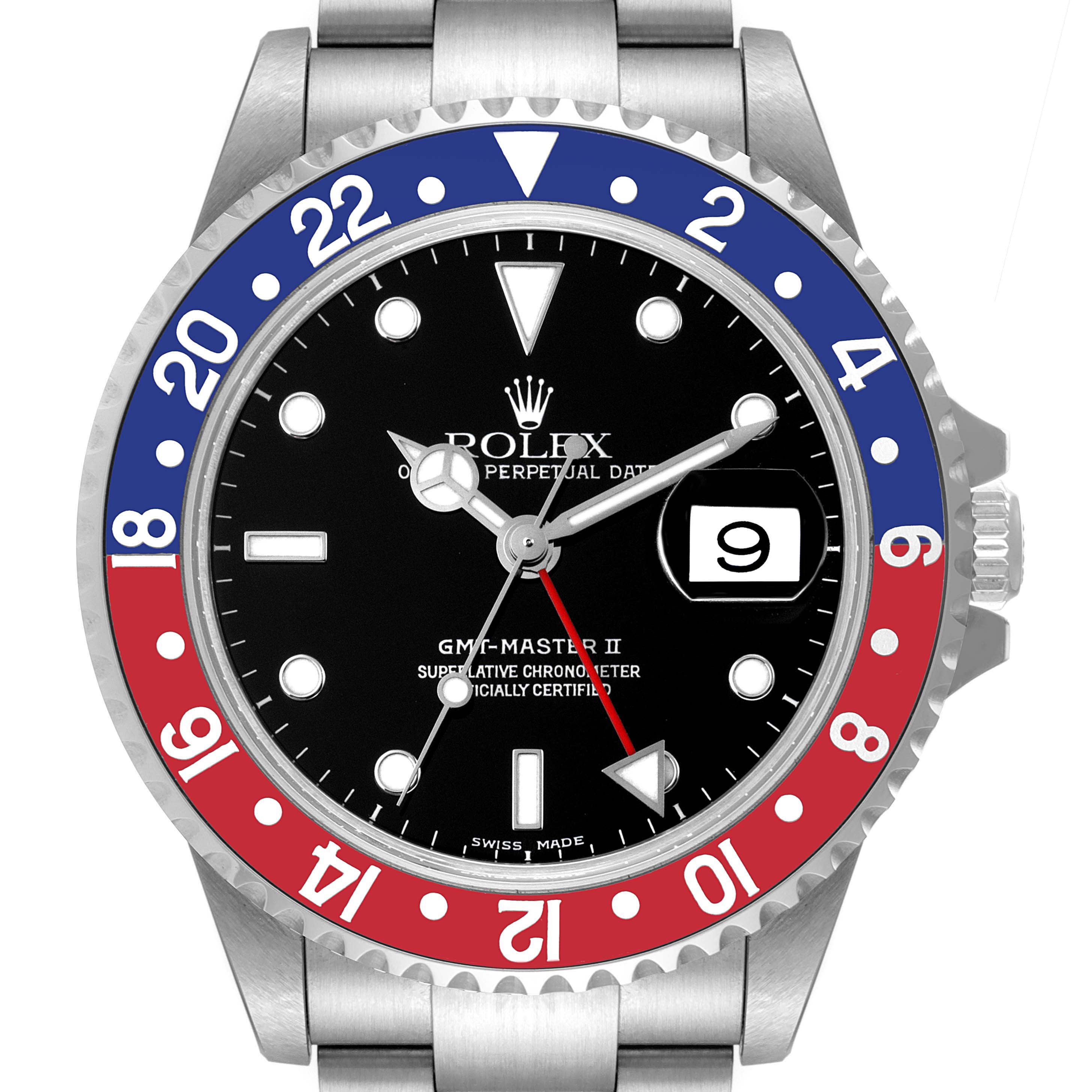 The Rolex GMT-Master 16710 Men
s Stainless Steel Black Dial 16710 Men
s Stainless Steel Black Dial II watch is shown from a front angle, displaying the bezel, dial, hands, and date window.