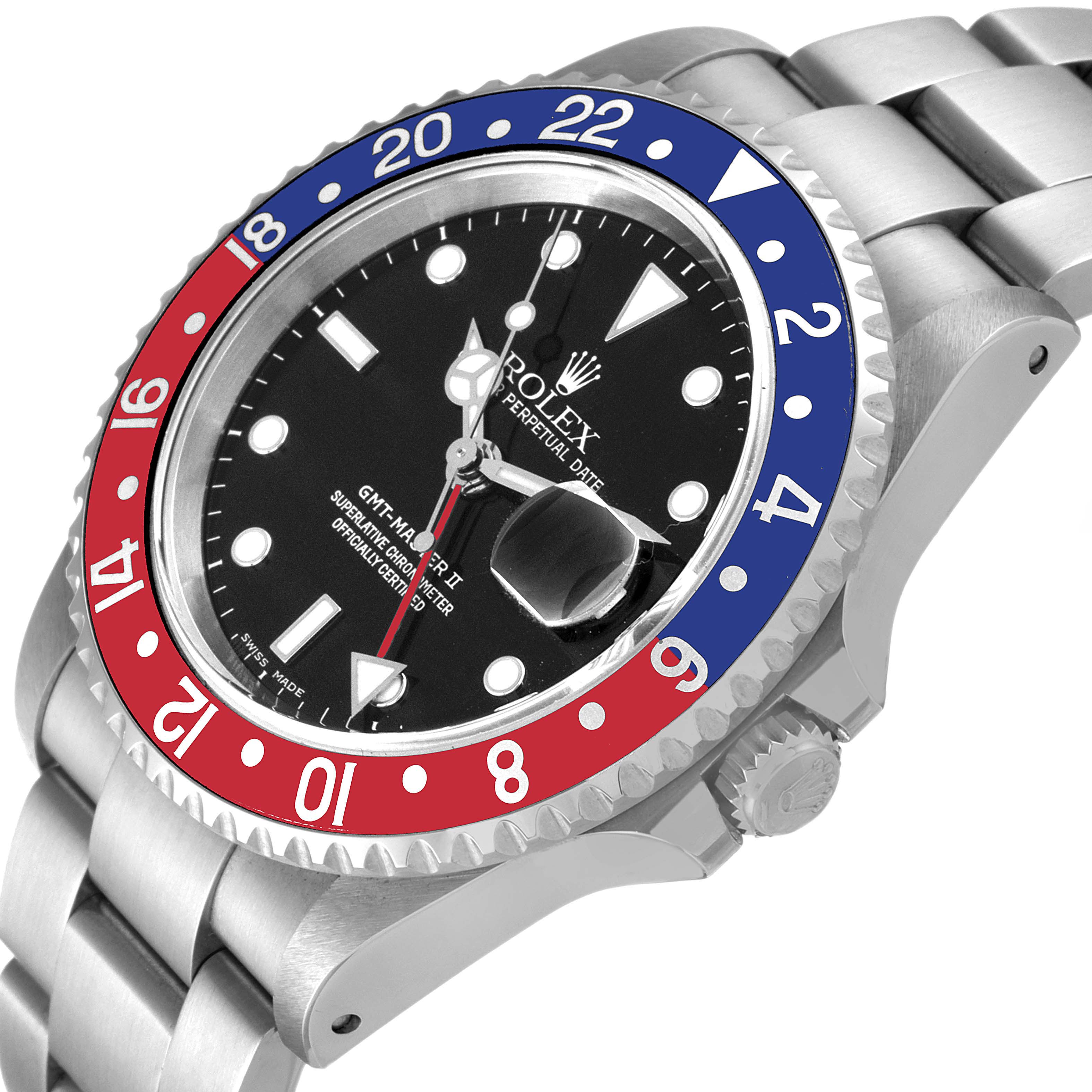 The image shows a partial side and front angle of a Rolex GMT-Master 16710 Men
s Stainless Steel Black Dial 16710 Men
s Stainless Steel Black Dial with its bezel, crown, dial, and bracelet visible.