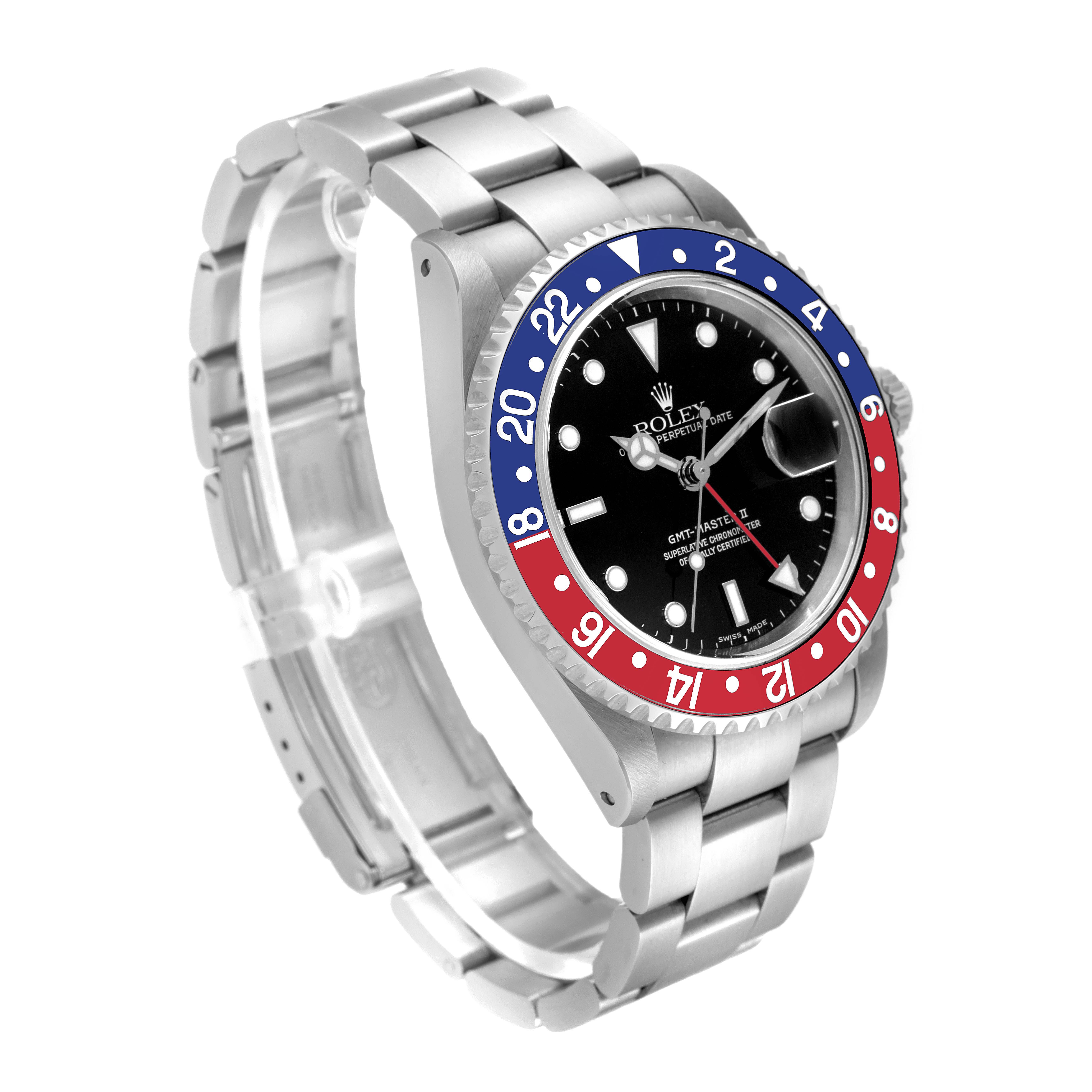 The Rolex GMT-Master 16710 Men
s Stainless Steel Black Dial 16710 Men
s Stainless Steel Black Dial watch is shown at an angled view, highlighting the bezel, dial, and bracelet.