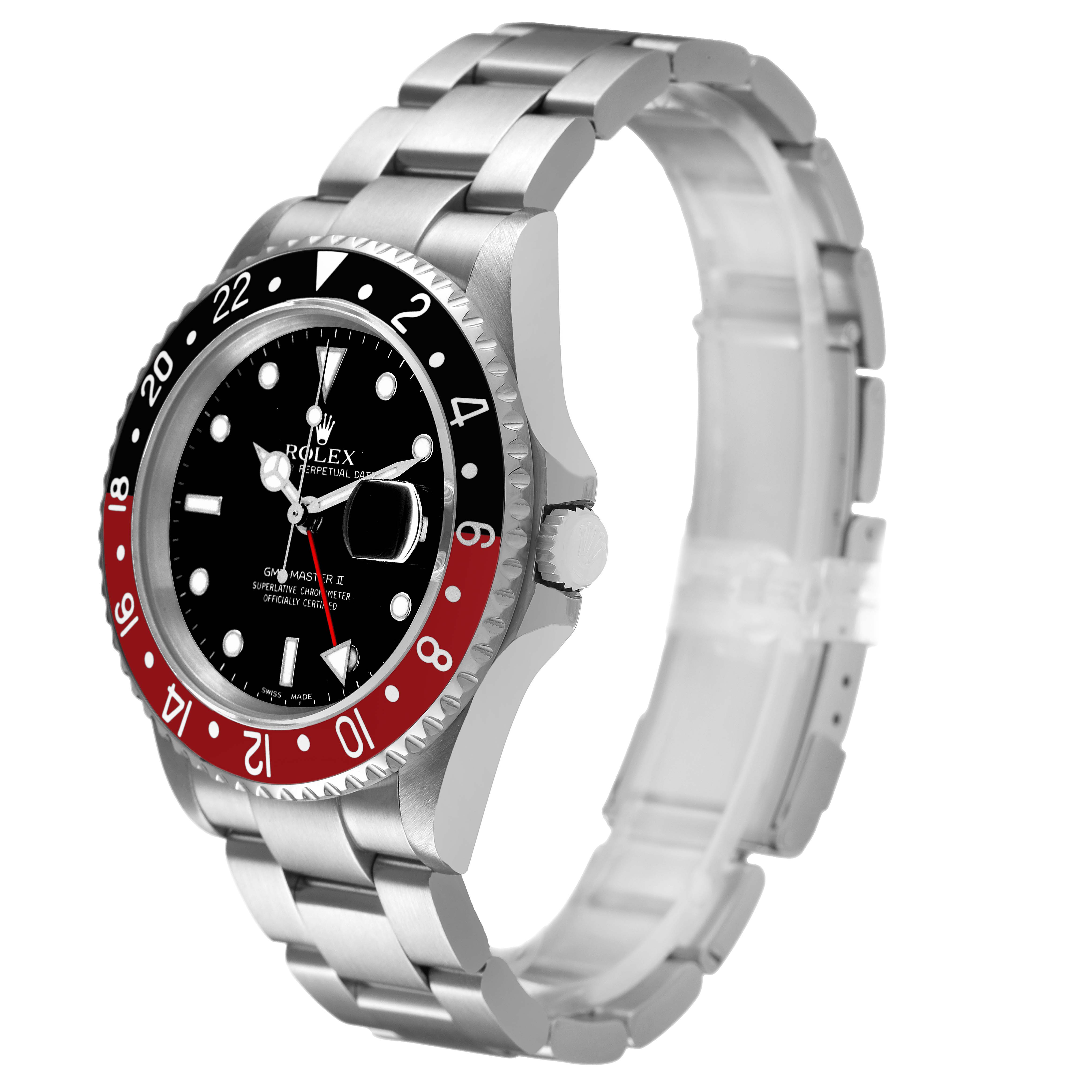 The Rolex GMT-Master 16710 Men's Stainless Steel Black Dial is shown at an angled side view, displaying the bezel, dial, crown, and bracelet.