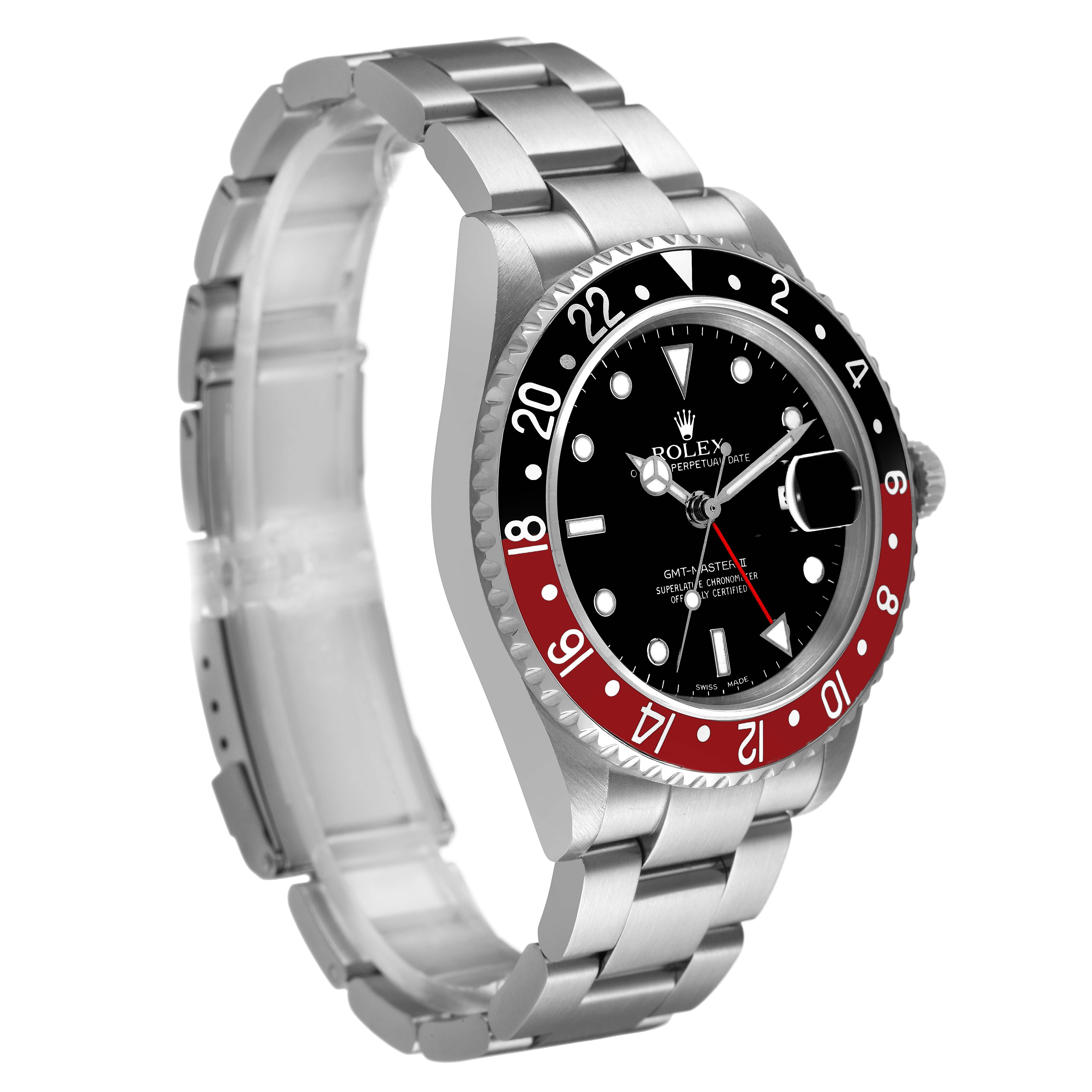 The Rolex GMT-Master 16710 Men's Stainless Steel Black Dial watch is shown at a three-quarter angle, highlighting the bezel, dial, and bracelet.