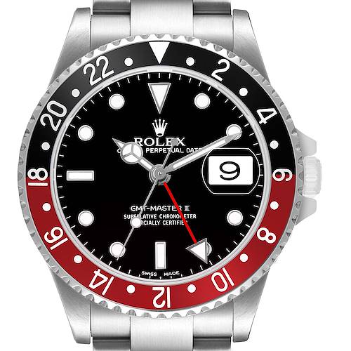 The Rolex GMT-Master 16710 Men's Stainless Steel Black Dial II watch is shown from the front, highlighting the dial, bezel, and bracelet.