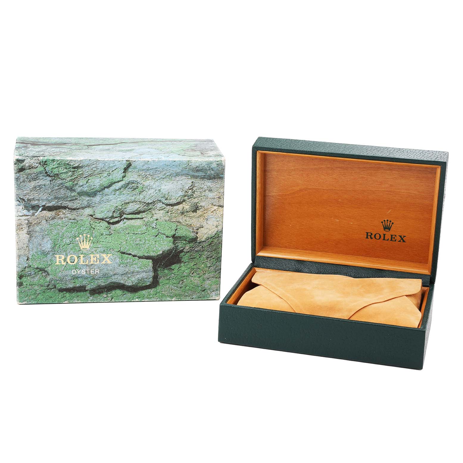 The image shows the packaging of a Rolex GMT-Master 16710 Men's Stainless Steel Black Dial, featuring an outer box and an open wooden inner box.