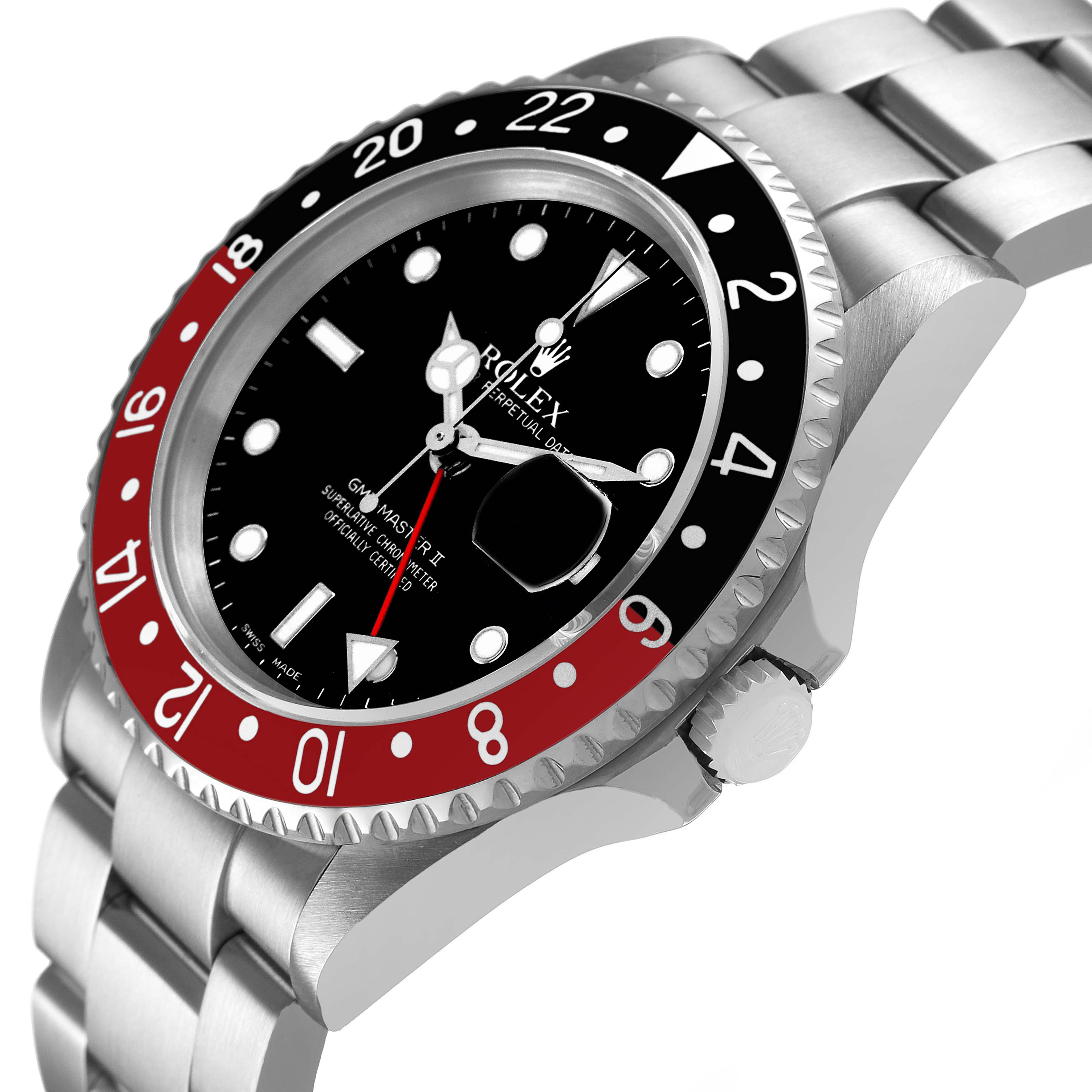 This image shows a Rolex GMT-Master 16710 Men's Stainless Steel Black Dial watch at an angle highlighting the bezel, dial, and part of the bracelet.