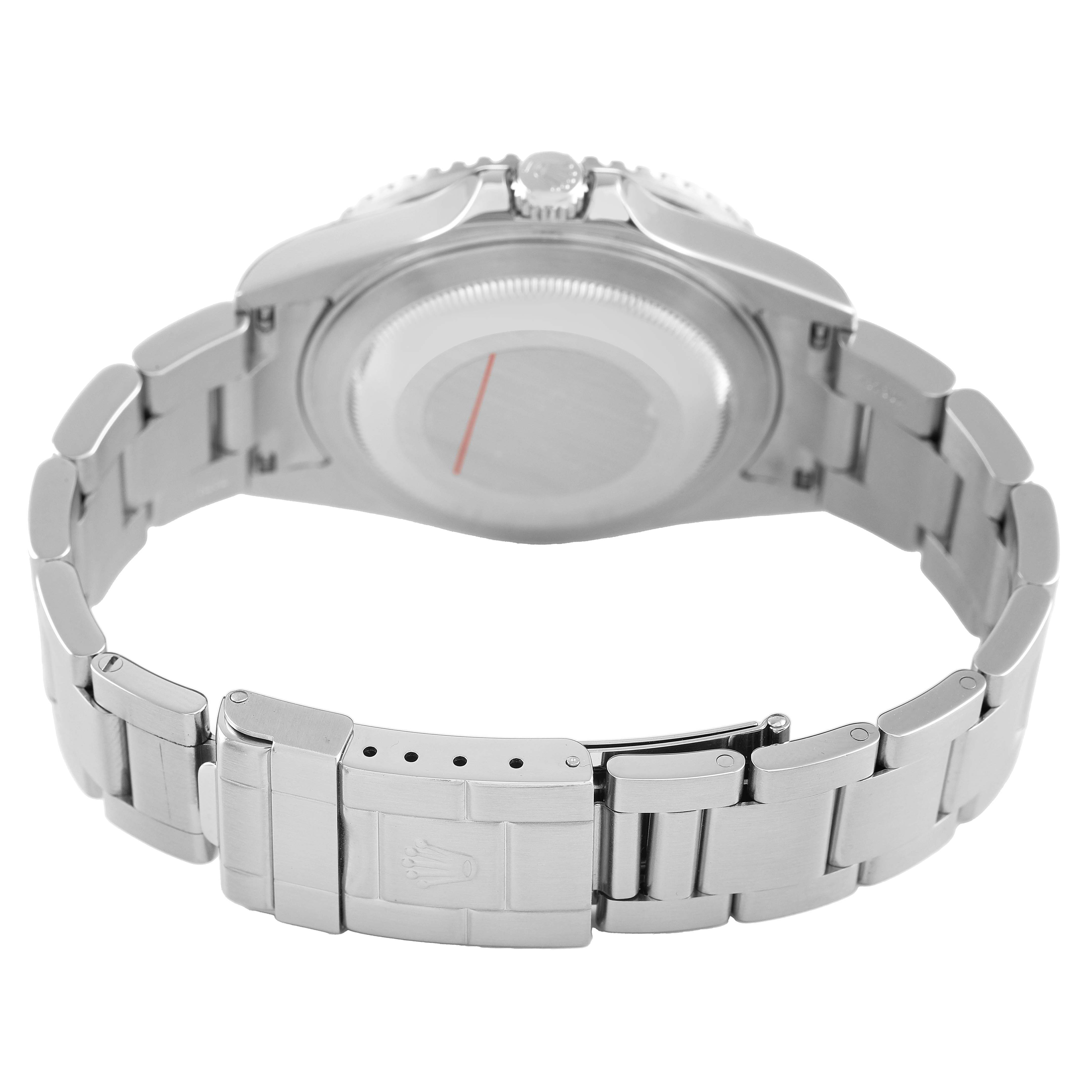 The image shows the back view of a Rolex GMT-Master 16710 Men's Stainless Steel Black Dial watch, highlighting the bracelet and clasp.