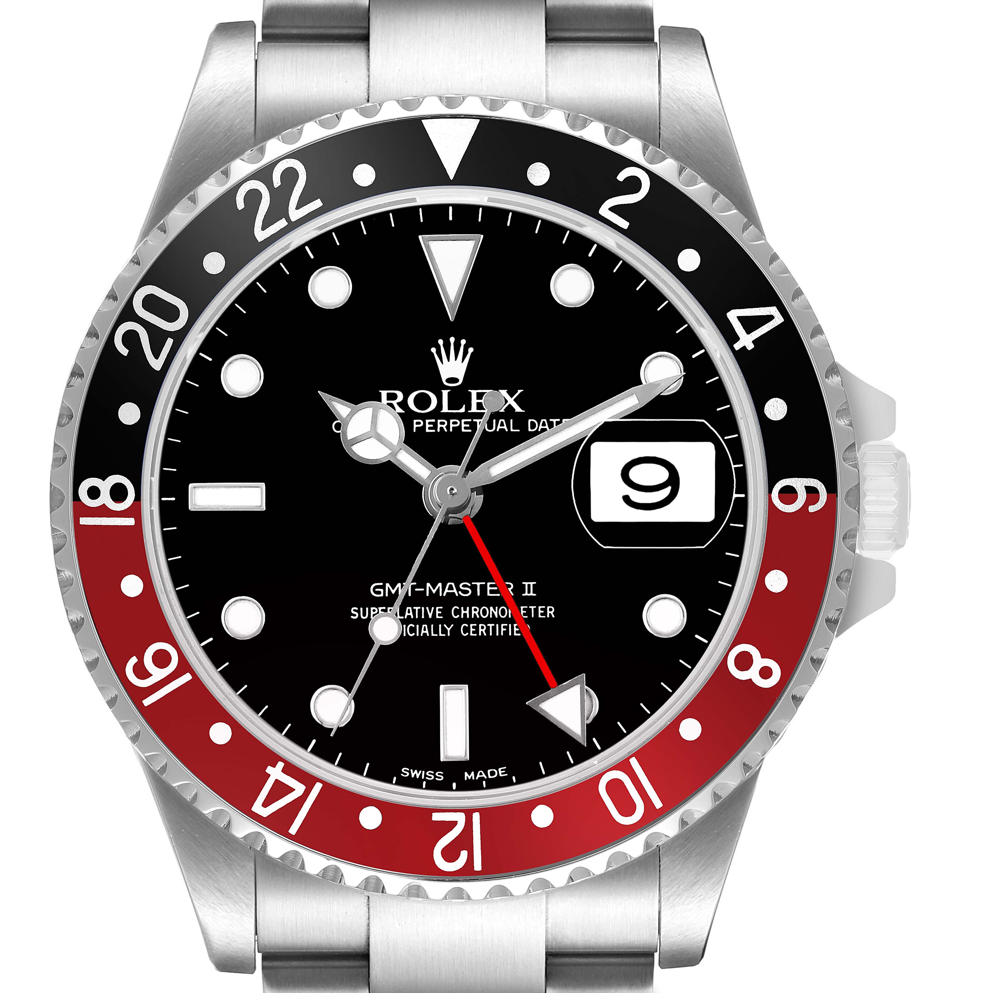 The image shows the Rolex GMT-Master 16710 Men's Stainless Steel Black Dial II watch face and bezel at a straight-on angle, highlighting the dial and date window.