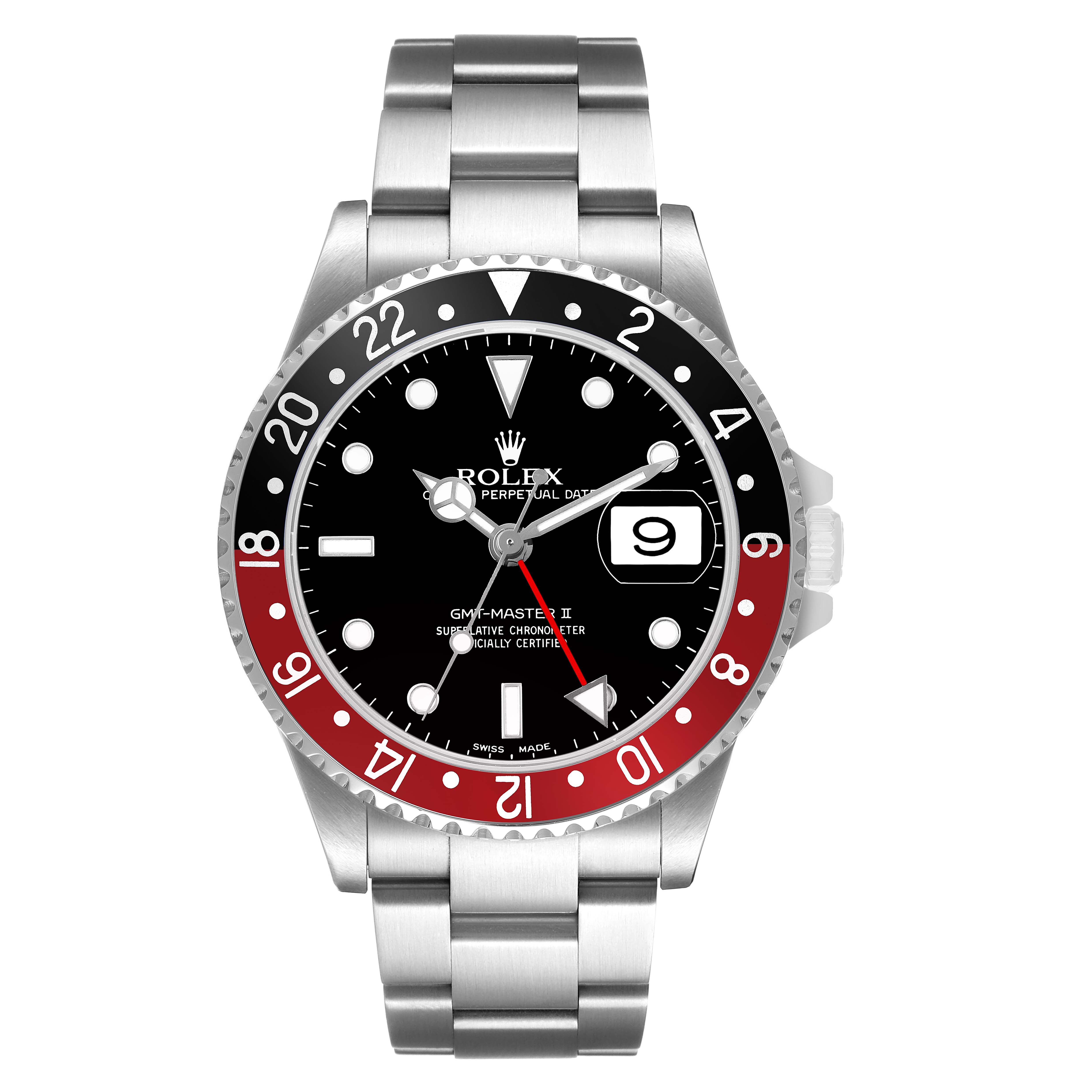 The Rolex GMT-Master 16710 Men's Stainless Steel Black Dial watch is shown from the front, highlighting the face, bezel, and metal bracelet.