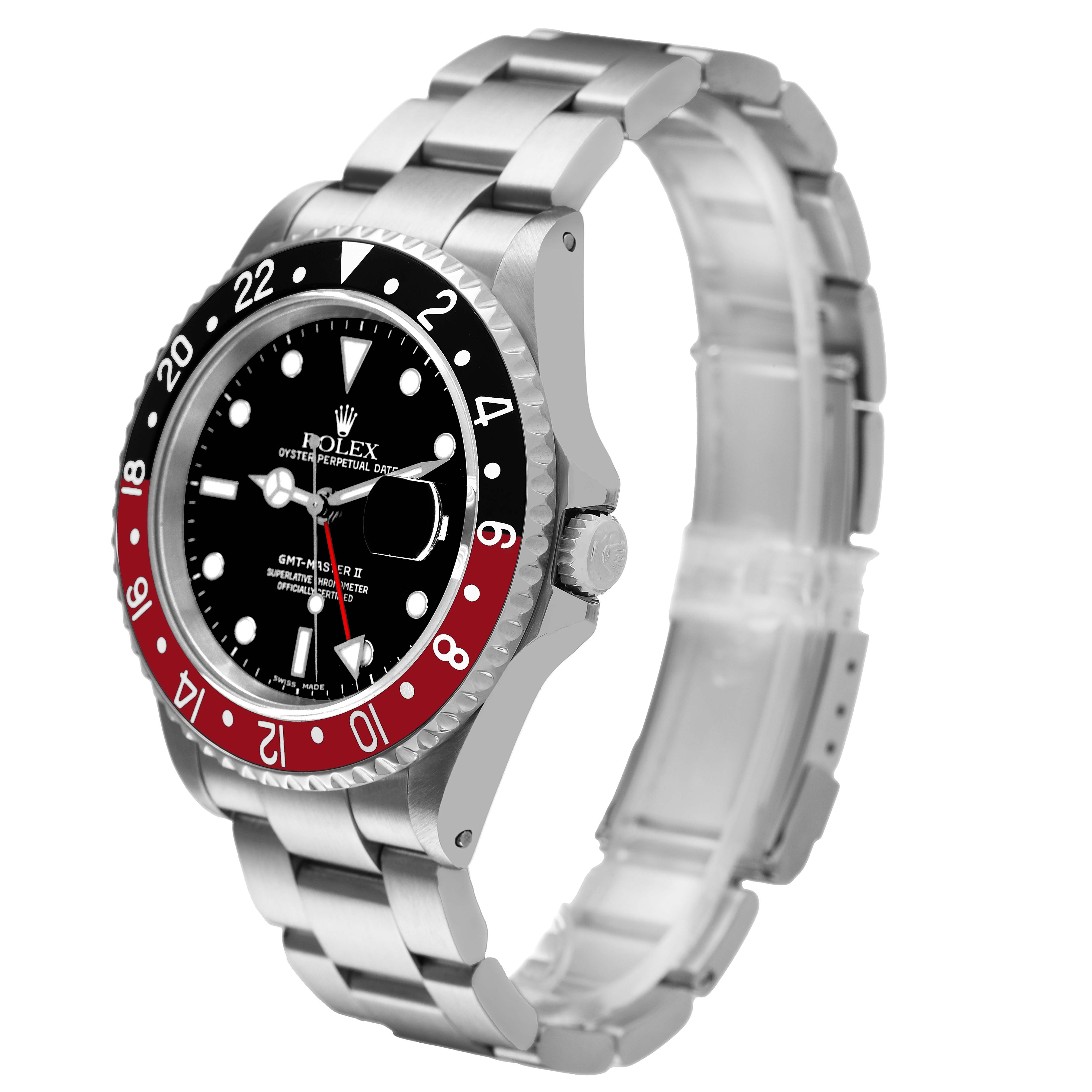 The Rolex GMT-Master 16710 Men's Stainless Steel Black Dial watch is shown at a slight side angle, highlighting the bezel, dial, and bracelet.