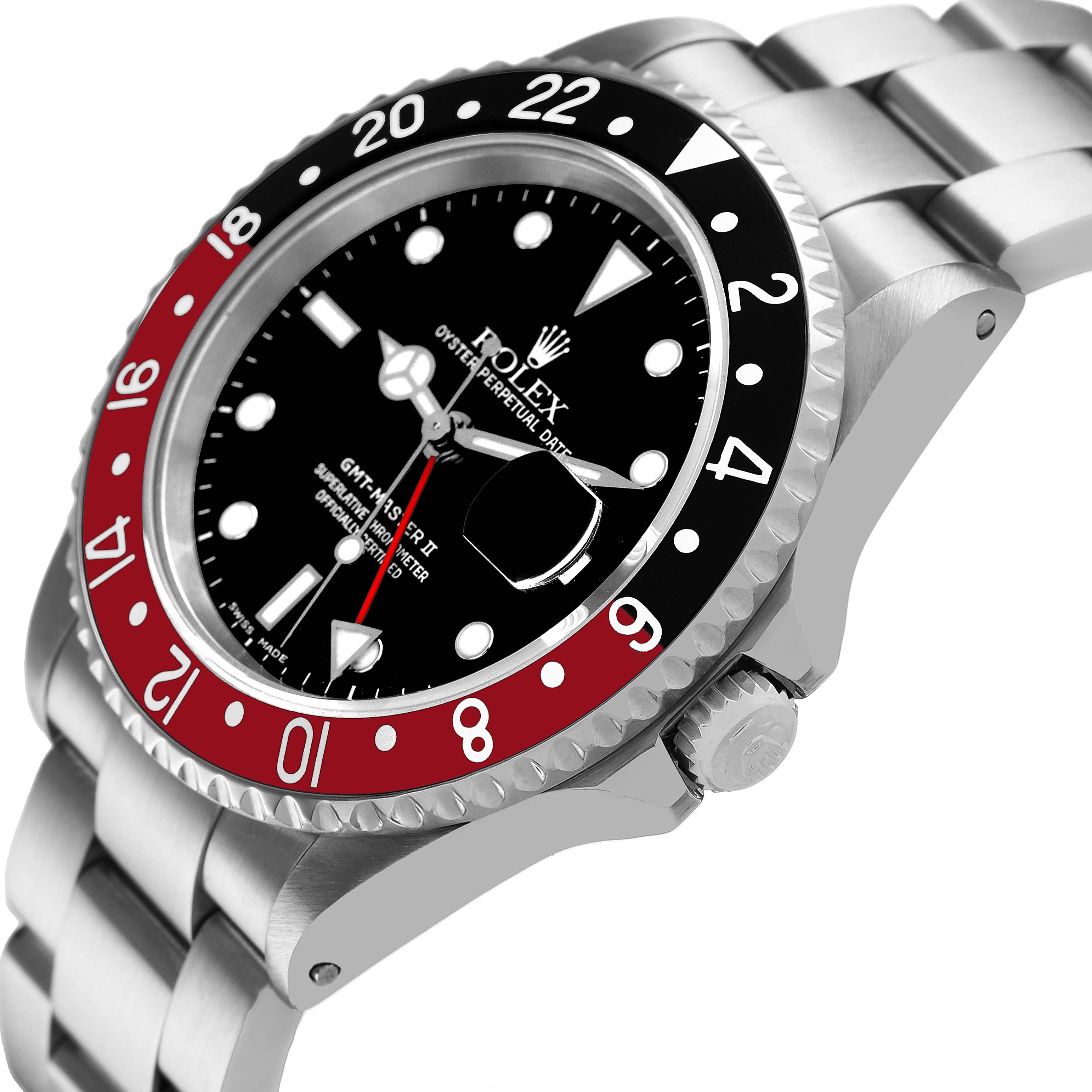 The Rolex GMT-Master 16710 Men's Stainless Steel Black Dial watch is shown from a side angle, highlighting the bezel, crown, dial, and part of the bracelet.