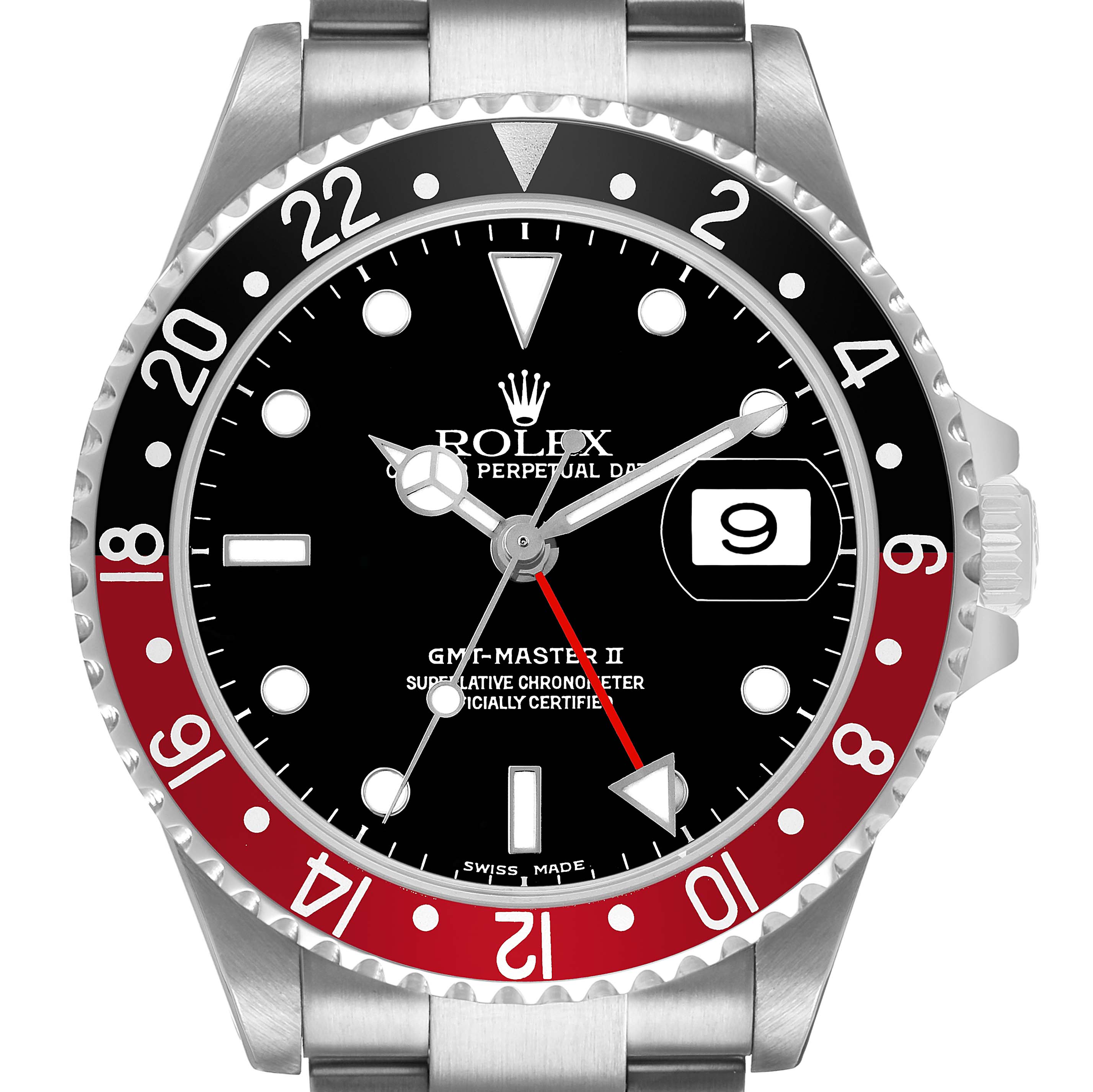 The Rolex GMT-Master 16710 Men's Stainless Steel Black Dial II watch is shown from the front, highlighting the bezel, dial, hands, and date window.