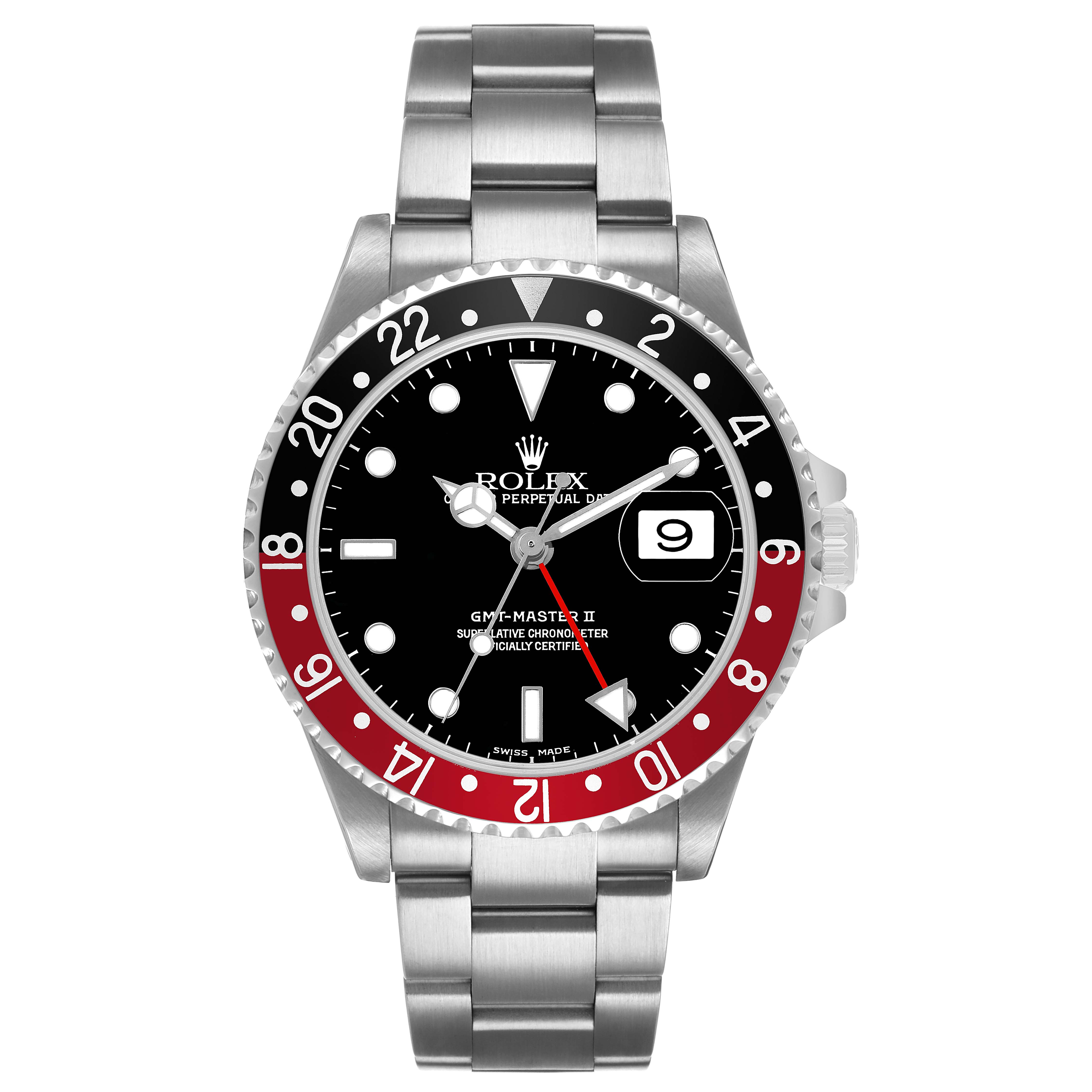 The Rolex GMT-Master 16710 Men's Stainless Steel Black Dial watch is shown from the front, highlighting the dial, bezel, and bracelet.