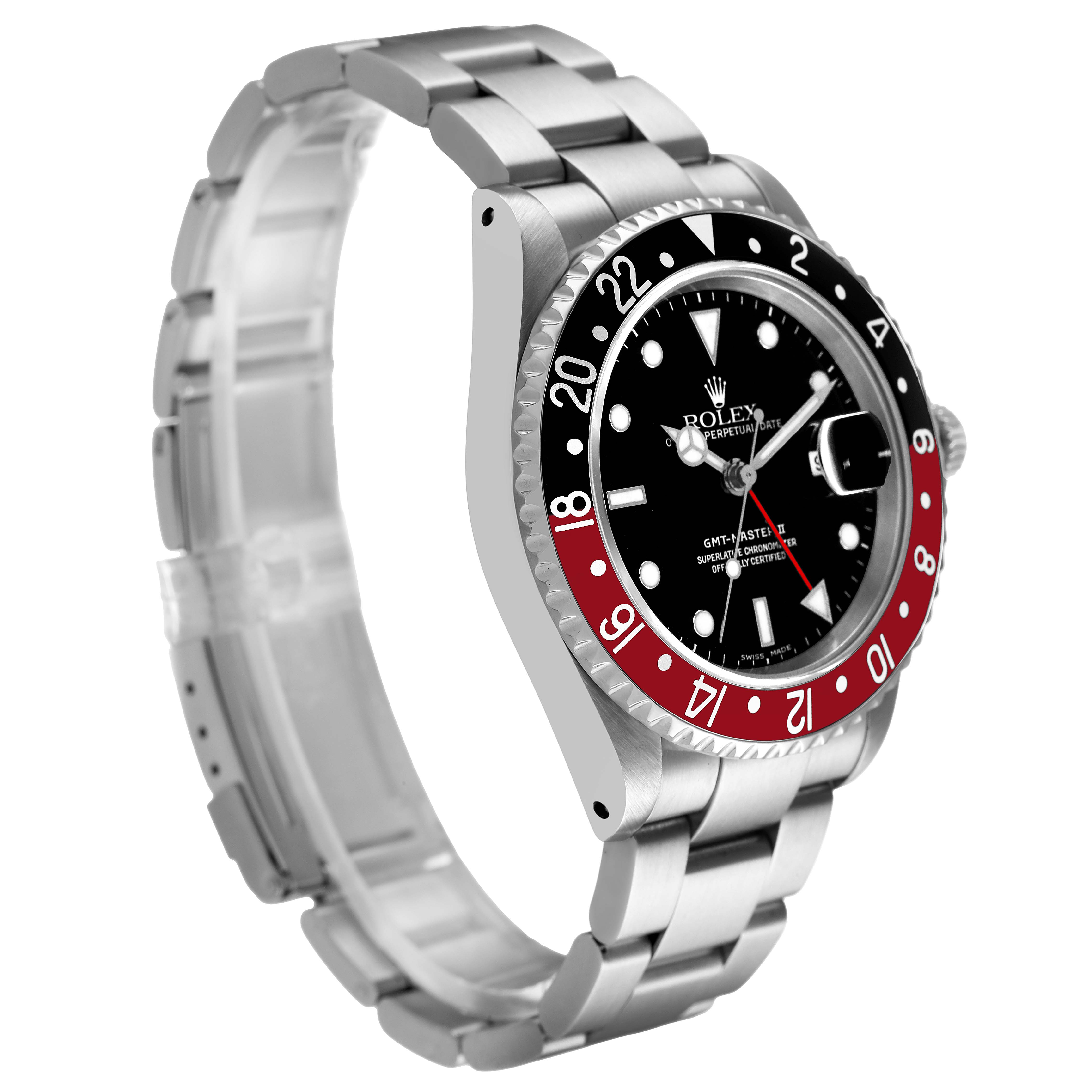The Rolex GMT-Master 16710 Men's Stainless Steel Black Dial is shown at a slight angle highlighting the bezel, dial, and stainless steel bracelet.