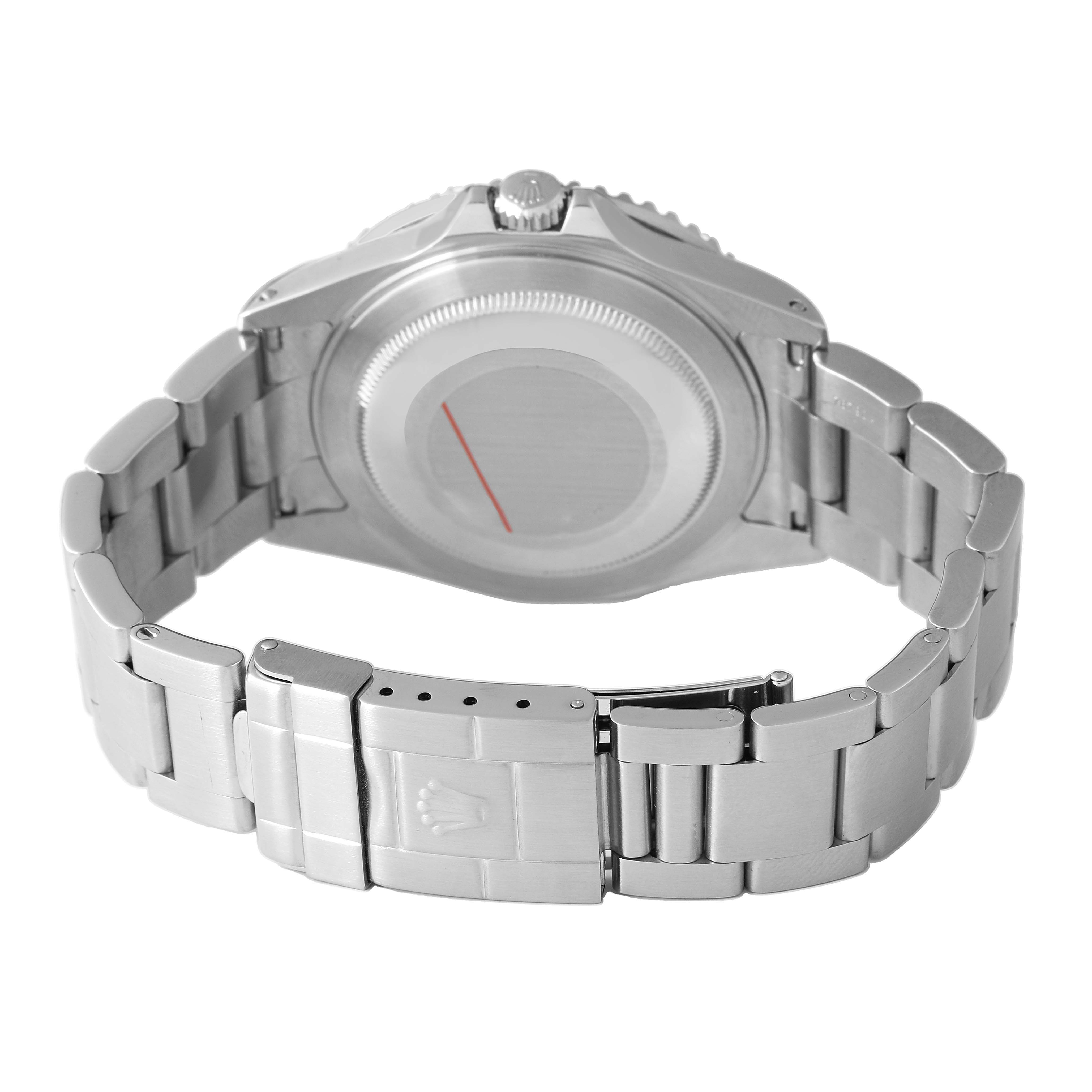 The image shows the back and clasp of a Rolex GMT-Master 16710 Men's Stainless Steel Black Dial watch at a rear angle, highlighting the bracelet and case back.