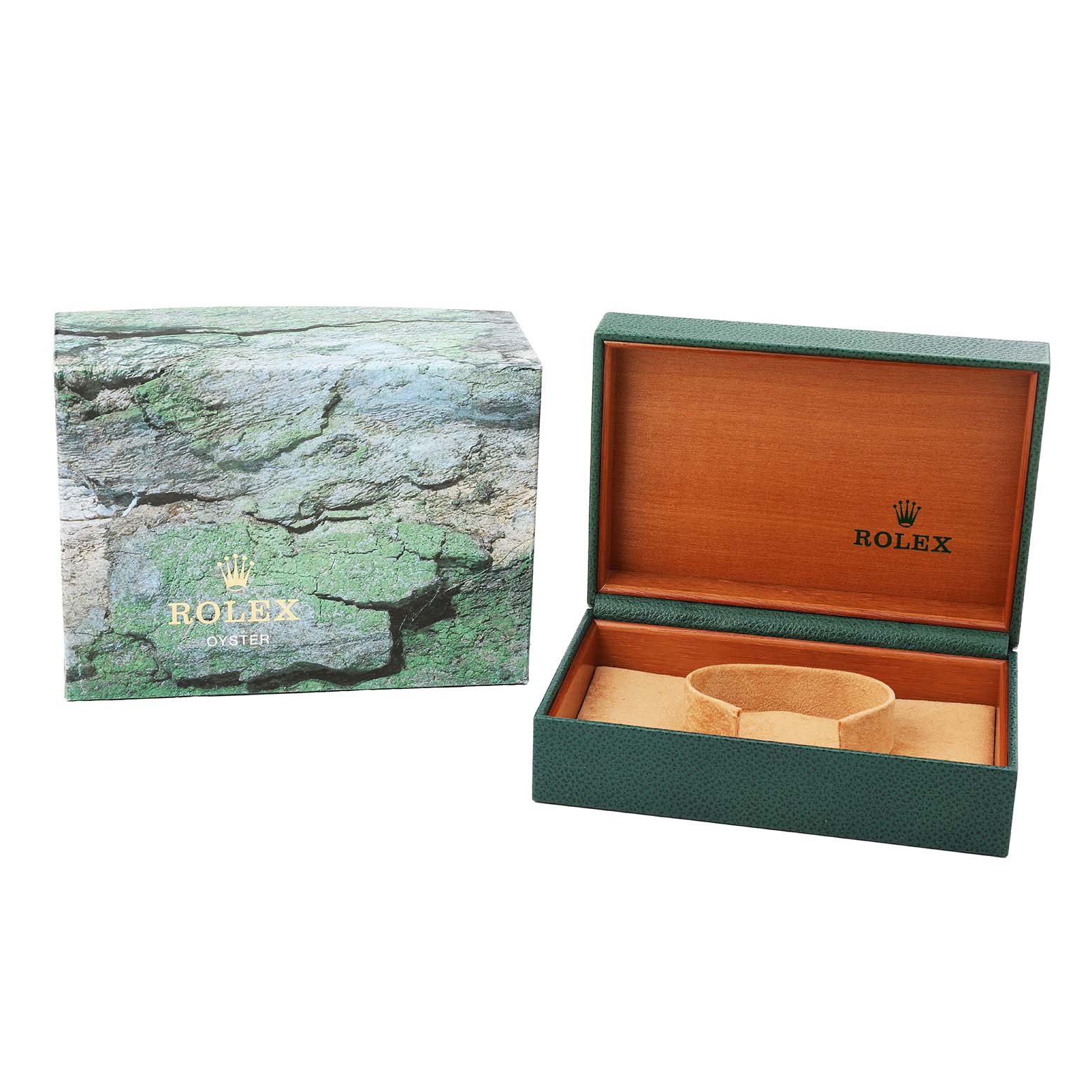 The image shows a Rolex GMT-Master 16710 Men's Stainless Steel Black Dial box and casing, with the box open to reveal a cushion and wooden interior.