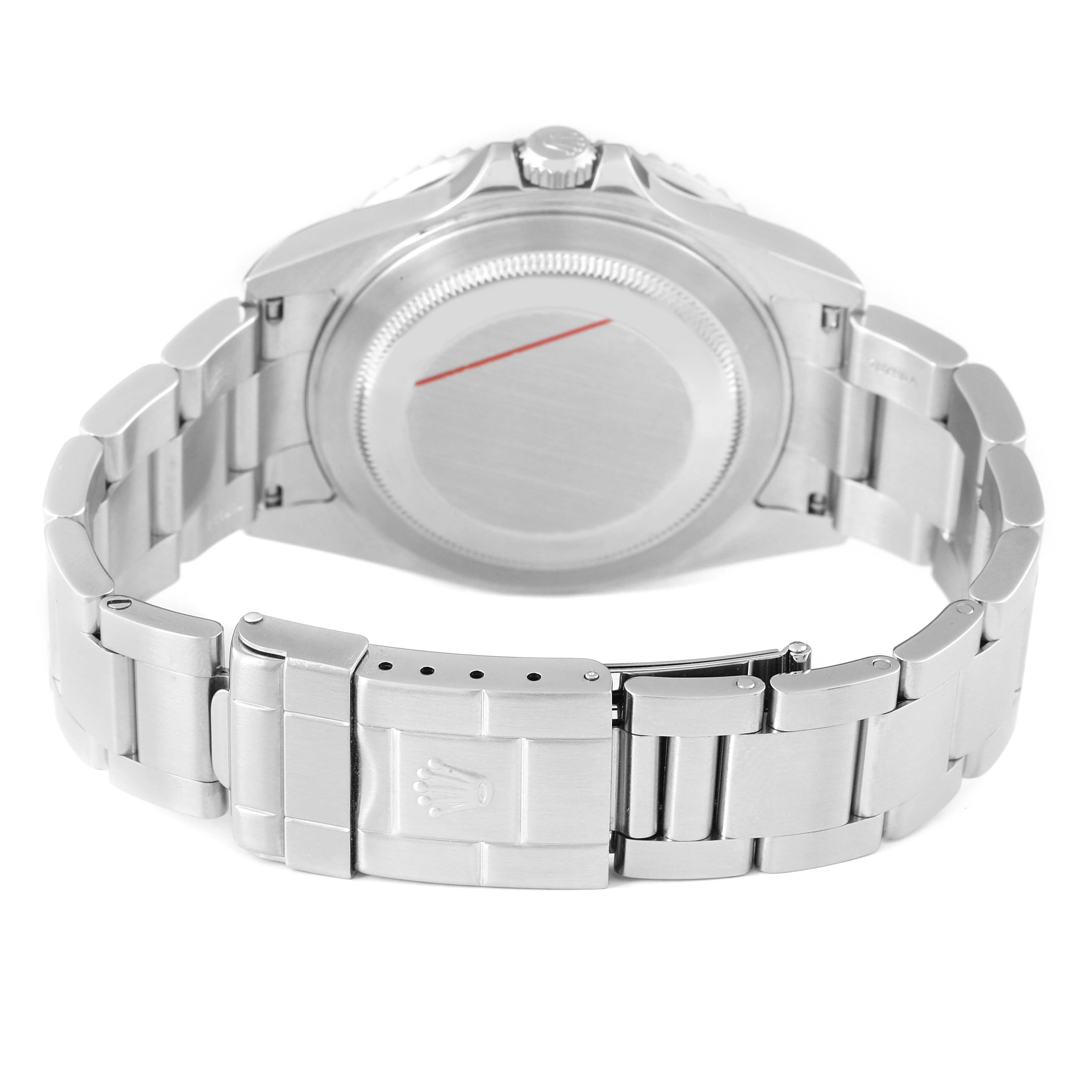 The image shows the back of a Rolex GMT-Master 16710 Men's Stainless Steel Black Dial watch, focusing on the case back and bracelet clasp.